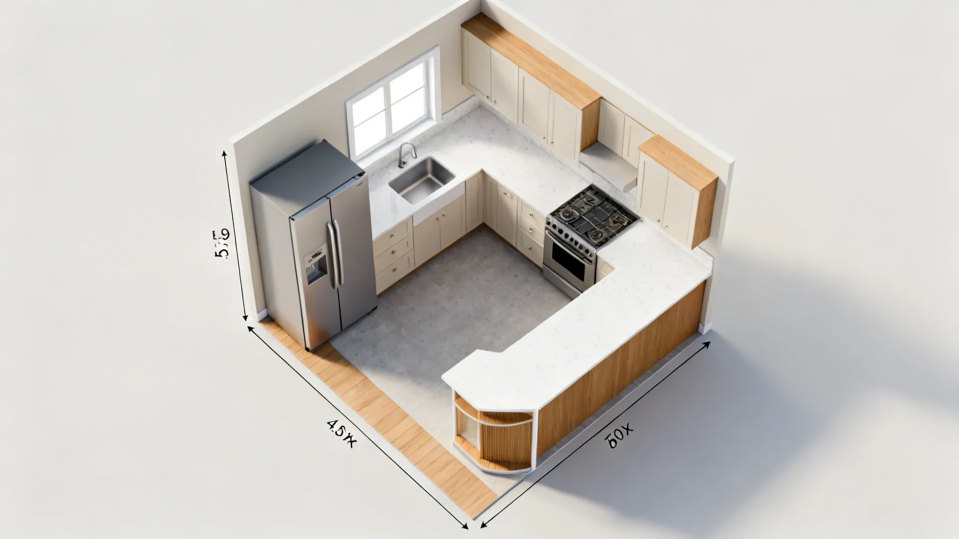 Modern U-shaped kitchen interior design drawing with white counters cabinets fridge stove and room layout measurements