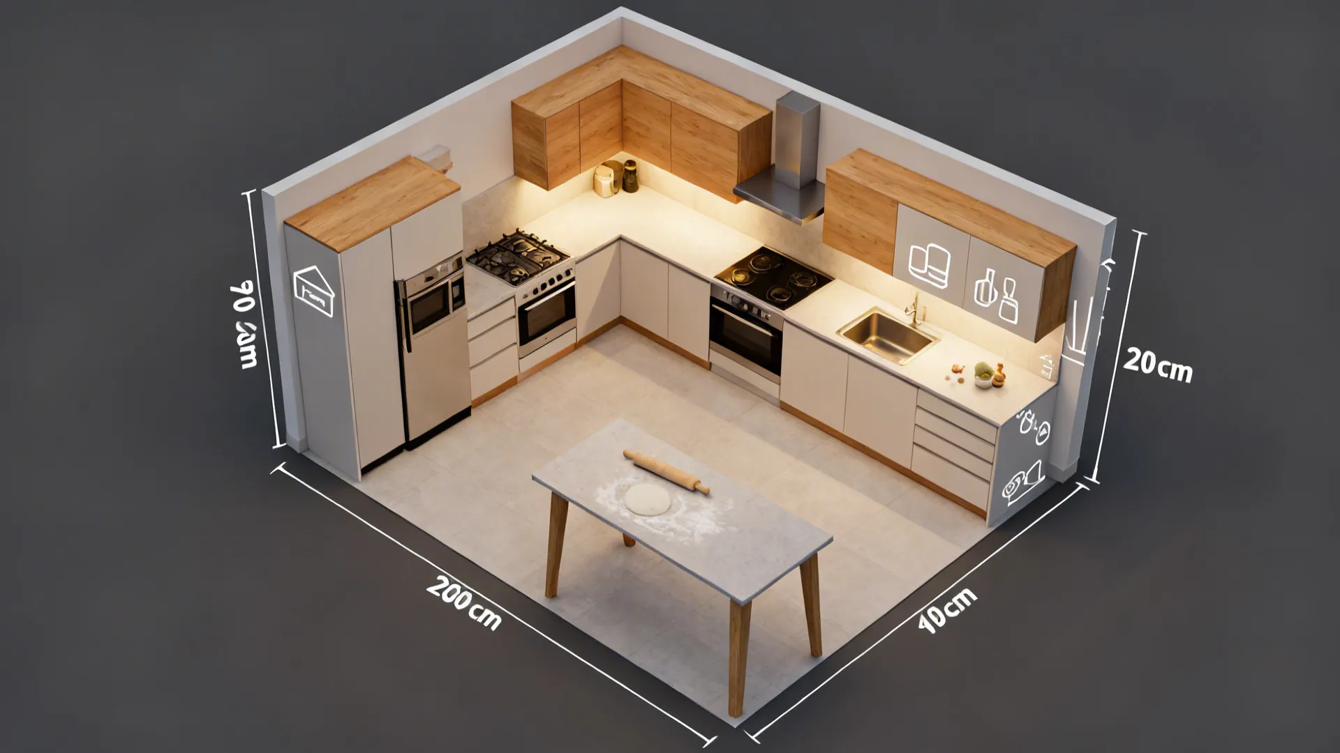 Top-down view of an L-shaped compact kitchen with clearances and work triangle