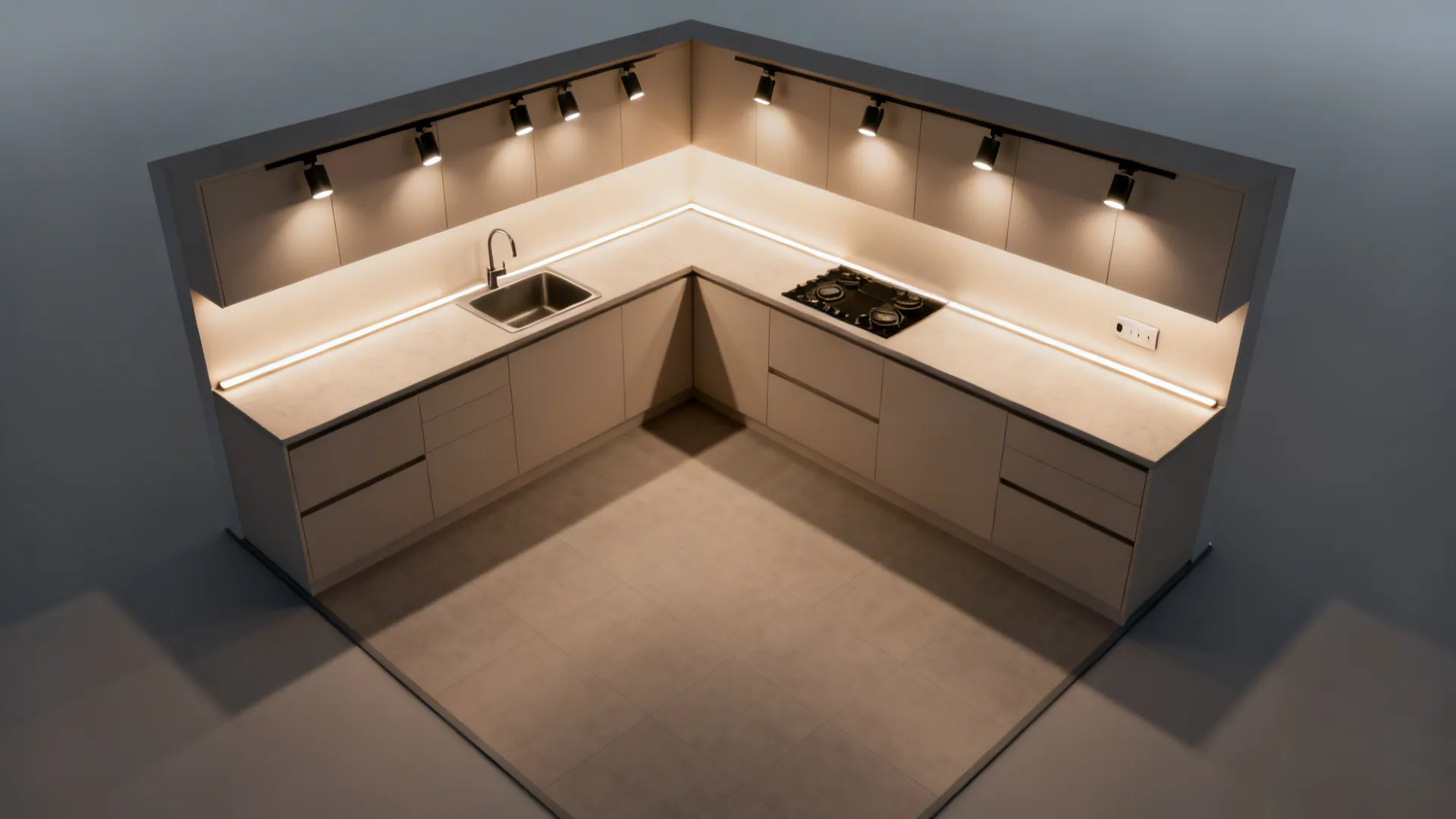 Top-down L-shaped kitchen plan showing clear traffic and aligned POP lighting.
