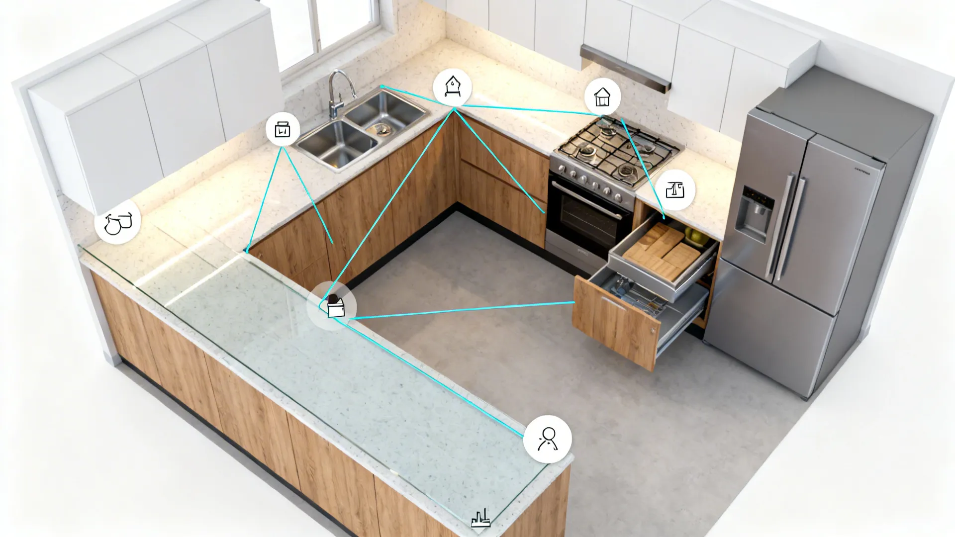 Top-down view mapping work triangle and zones in an L-shaped compact kitchen.