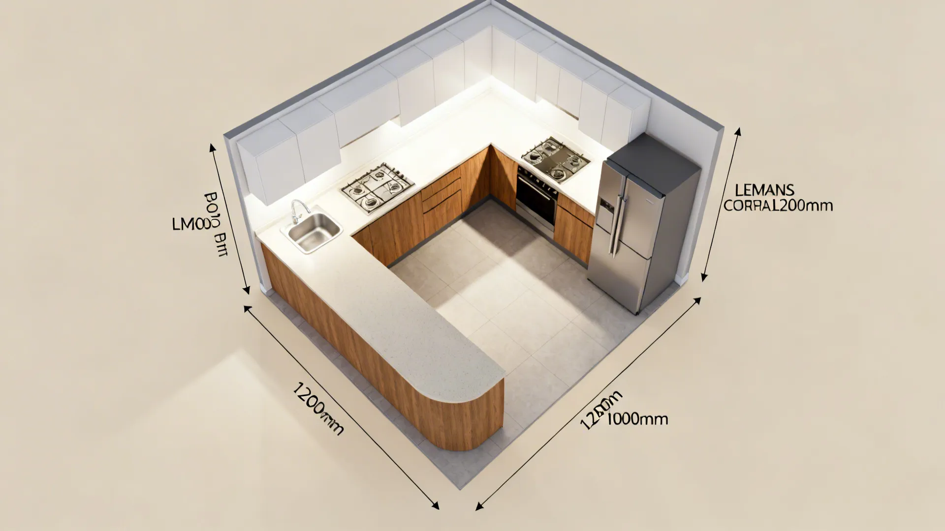 Top-down plan view of an L-shaped compact kitchen with clear work triangle.