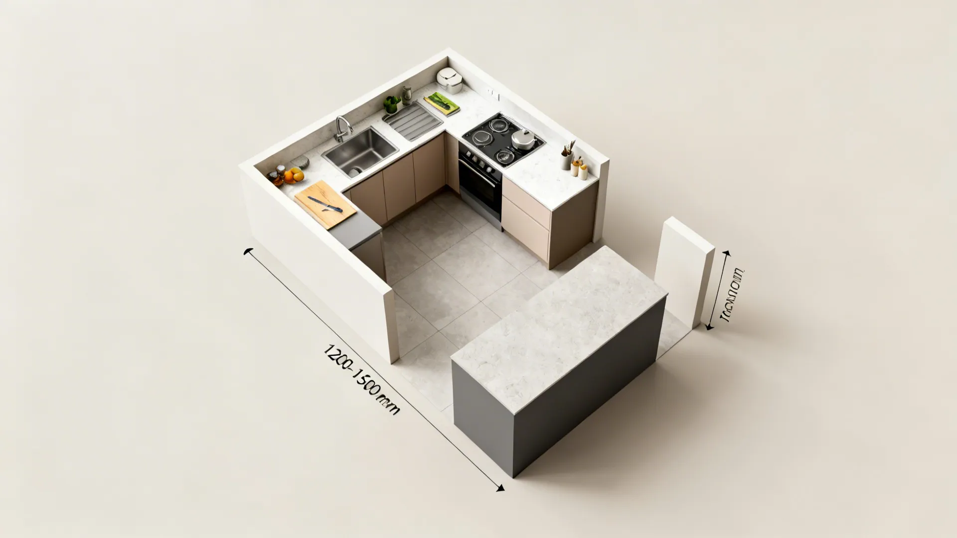 Top-down plan view of a simple L-shaped small kitchen with clear zones