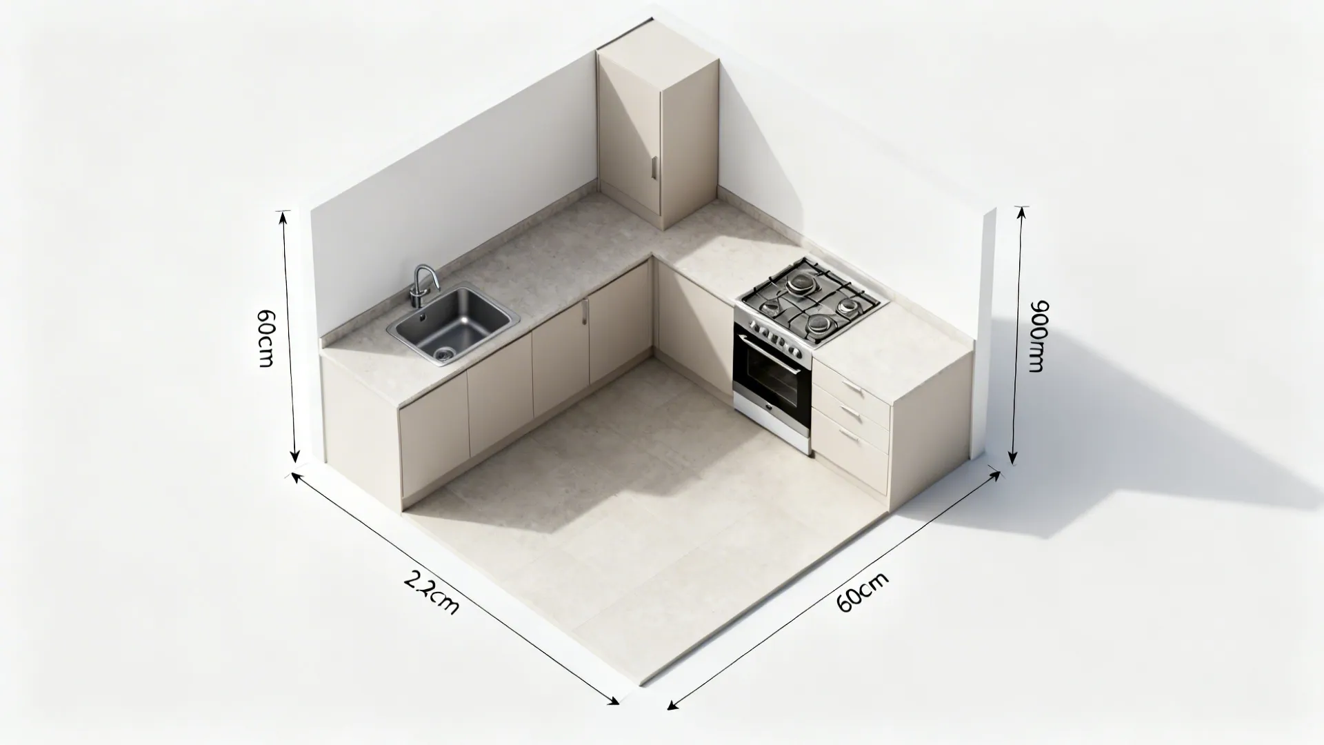 Top-down render of a compact L-shaped kitchen with sink, cooktop, prep run, and clear walkway.