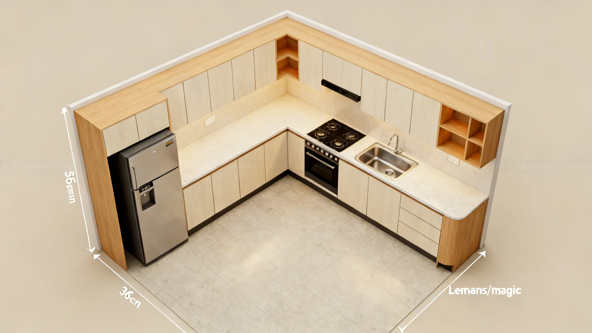 Top-down view of an ergonomic L-shaped kitchen with efficient work triangle and corner solution.