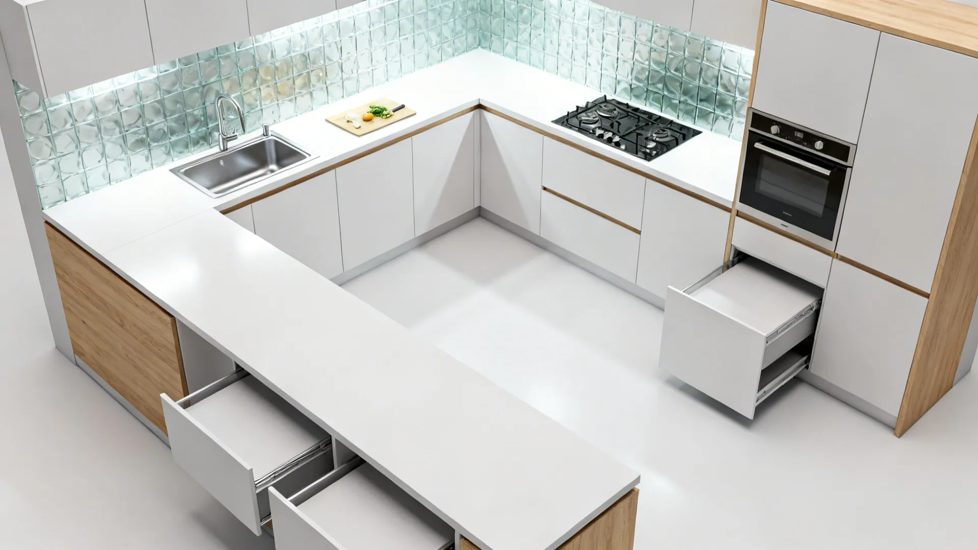 Top down interior design drawing of white kitchen with wood accents glass wall and open drawers