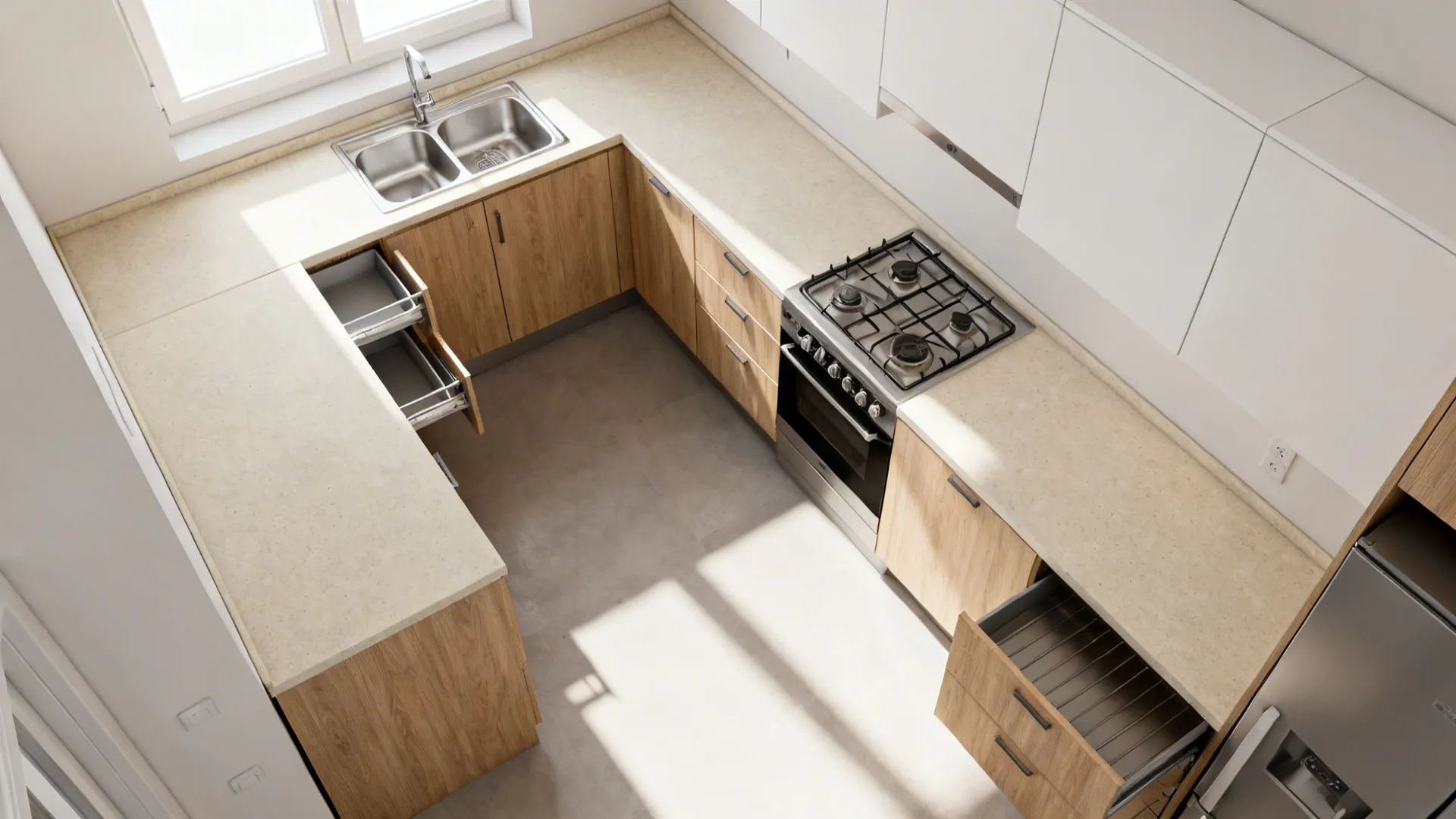Top-down view of a compact L-shaped kitchen layout with generous aisle and corner storage.