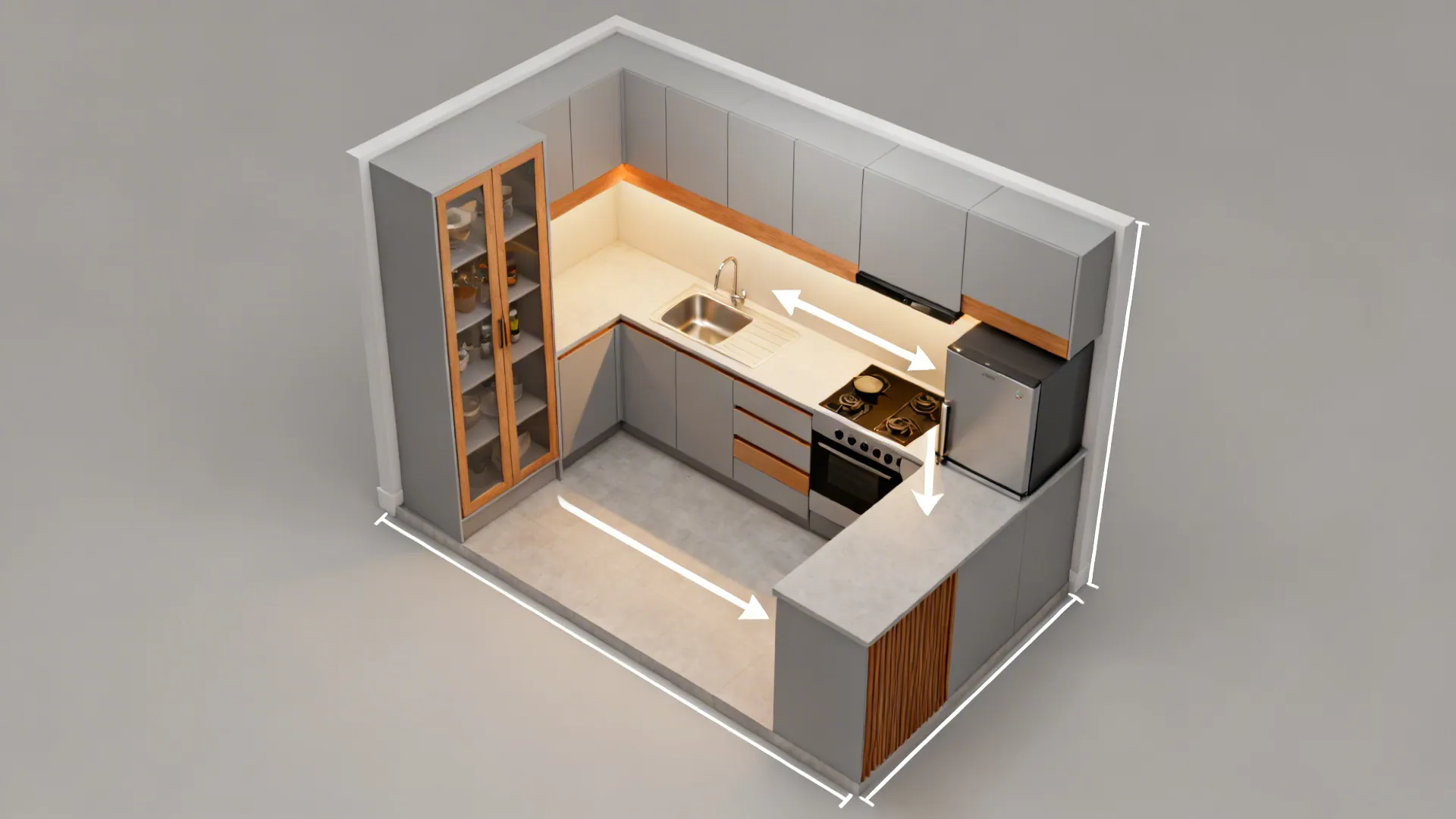 Top-down view of an L-shaped HDB kitchen with a pantry tower and efficient triangle.