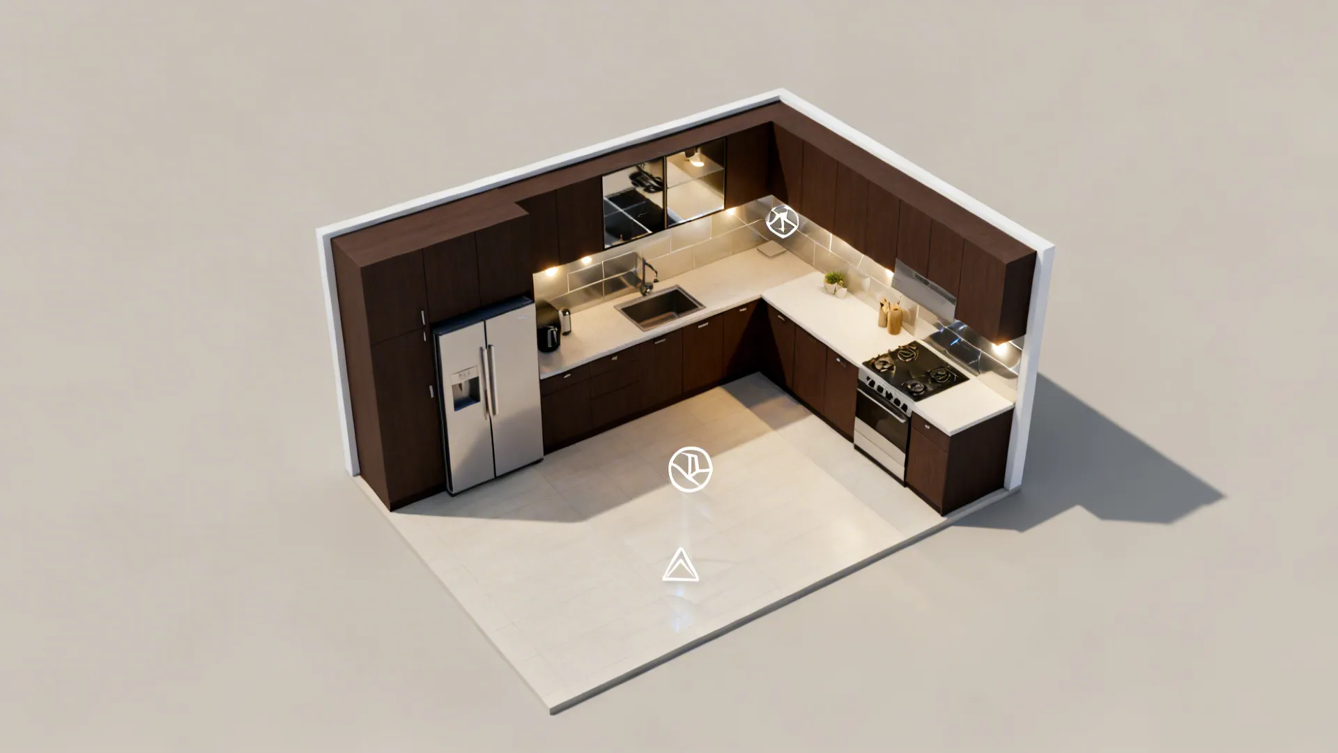 Top-down plan of a small L-shaped kitchen with dark bases and light floor.