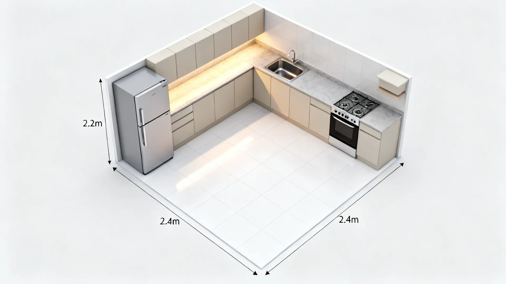 Top-down view of an L-shaped small kitchen showing clear appliance zones and flow.