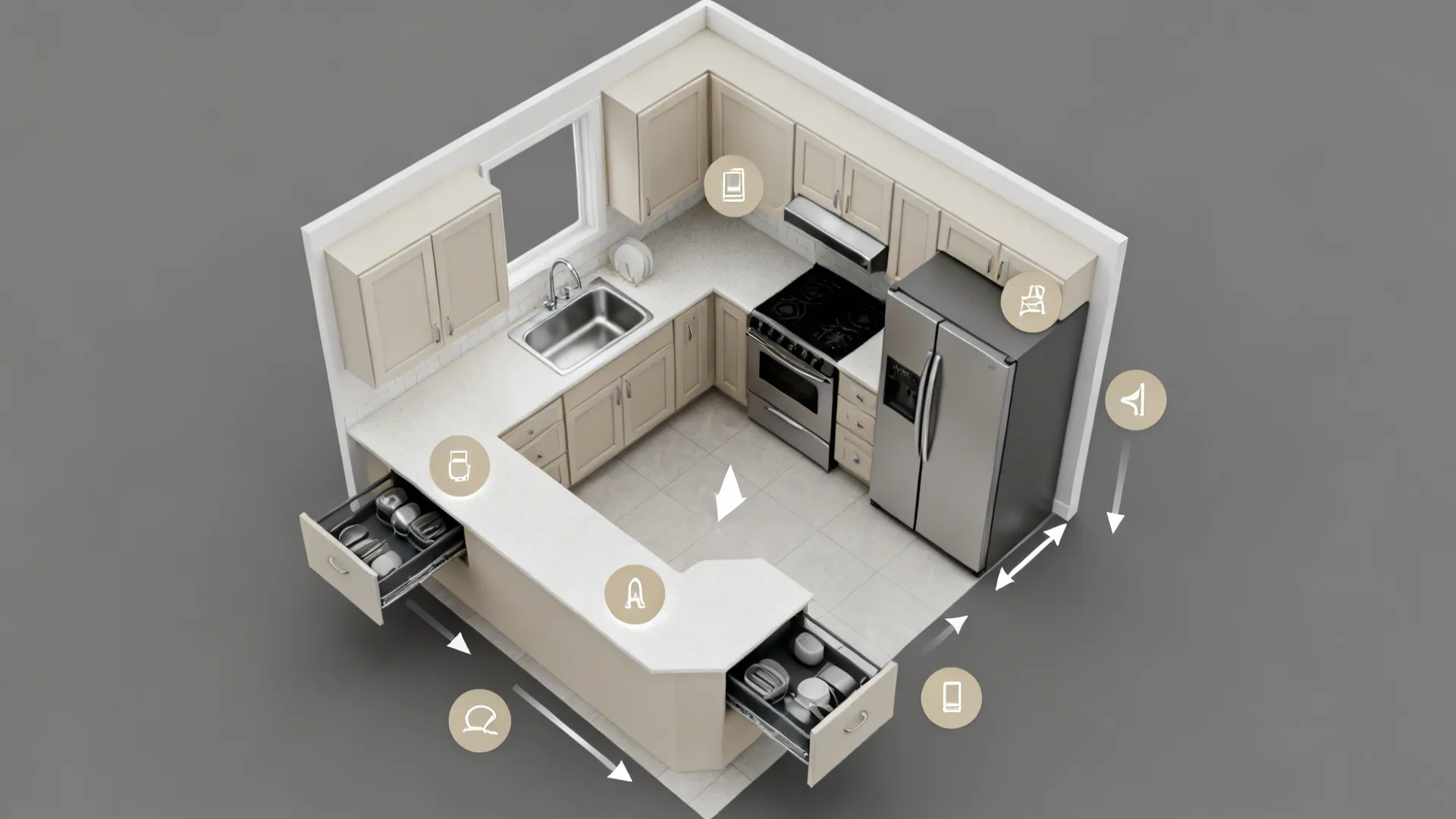 Top-down view of a compact L-shaped kitchen highlighting work triangle and prep zone