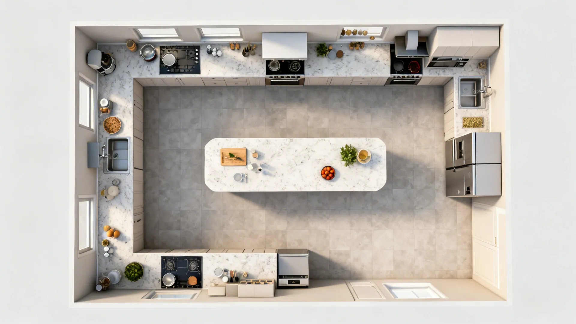 Top-down view of an L-shaped 6x6 kitchen with a slim peninsula and clear workflow zones.