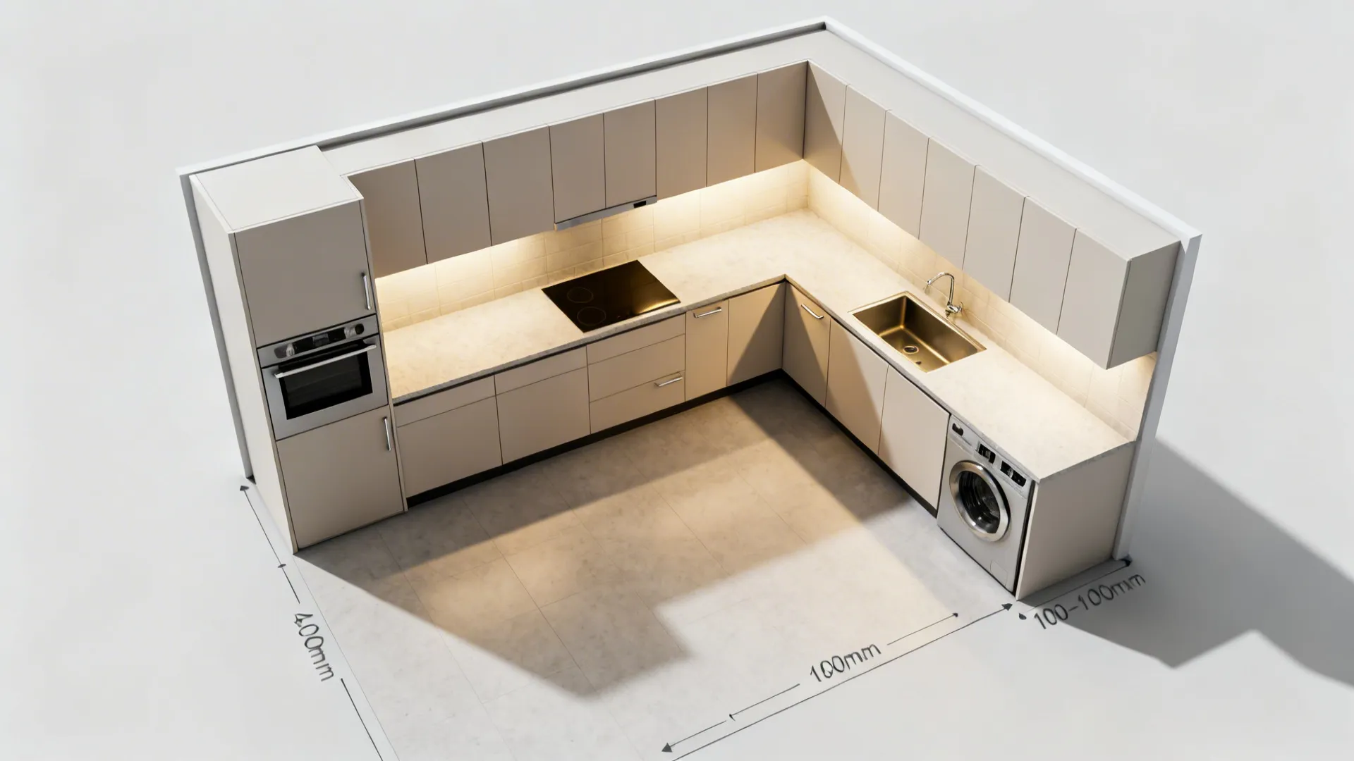 Top-down view of L-shaped kitchen with clearances, door swings, and corner hardware layout.