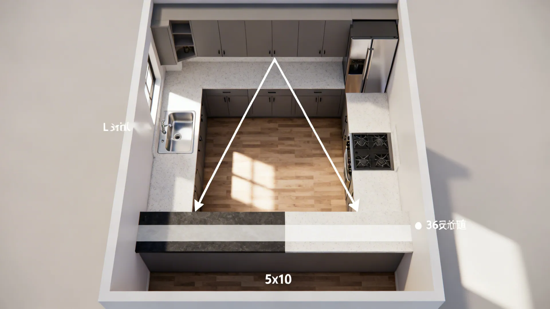 Top down kitchen interior design drawing showing grey cabinets white counters and work triangle layout