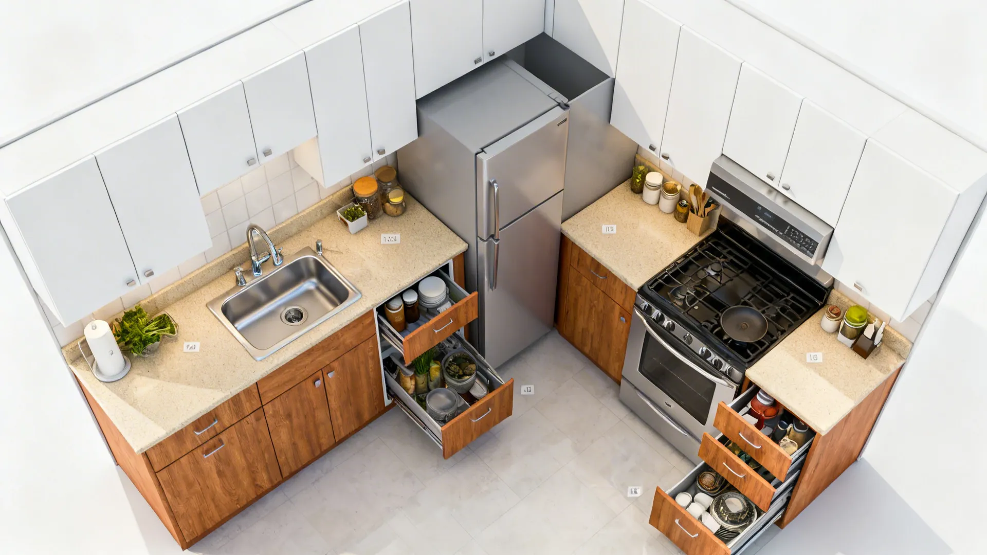 Top down interior design drawing of L-shaped kitchen with wooden cabinets and white wall cupboards