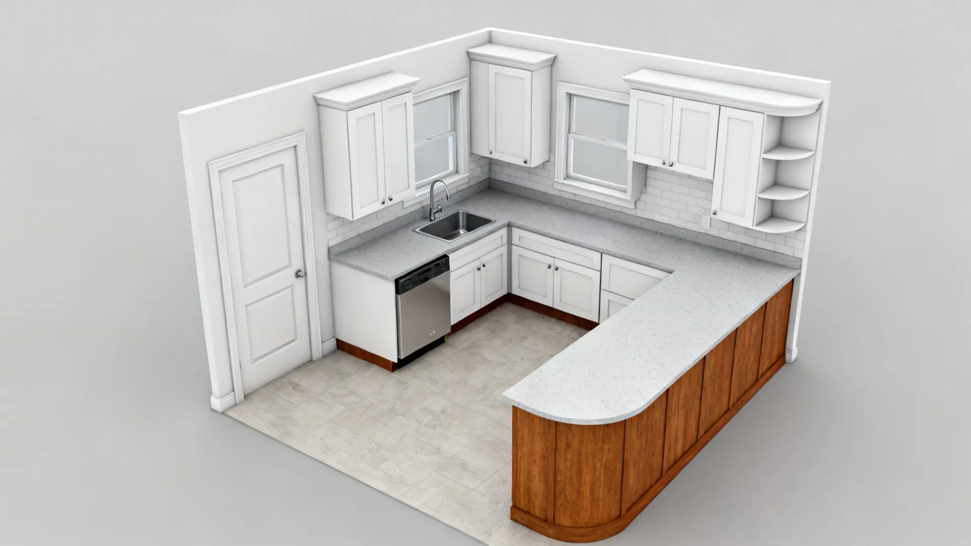Interior design drawing of L-shaped kitchen with white upper cabinets grey countertops and wood base