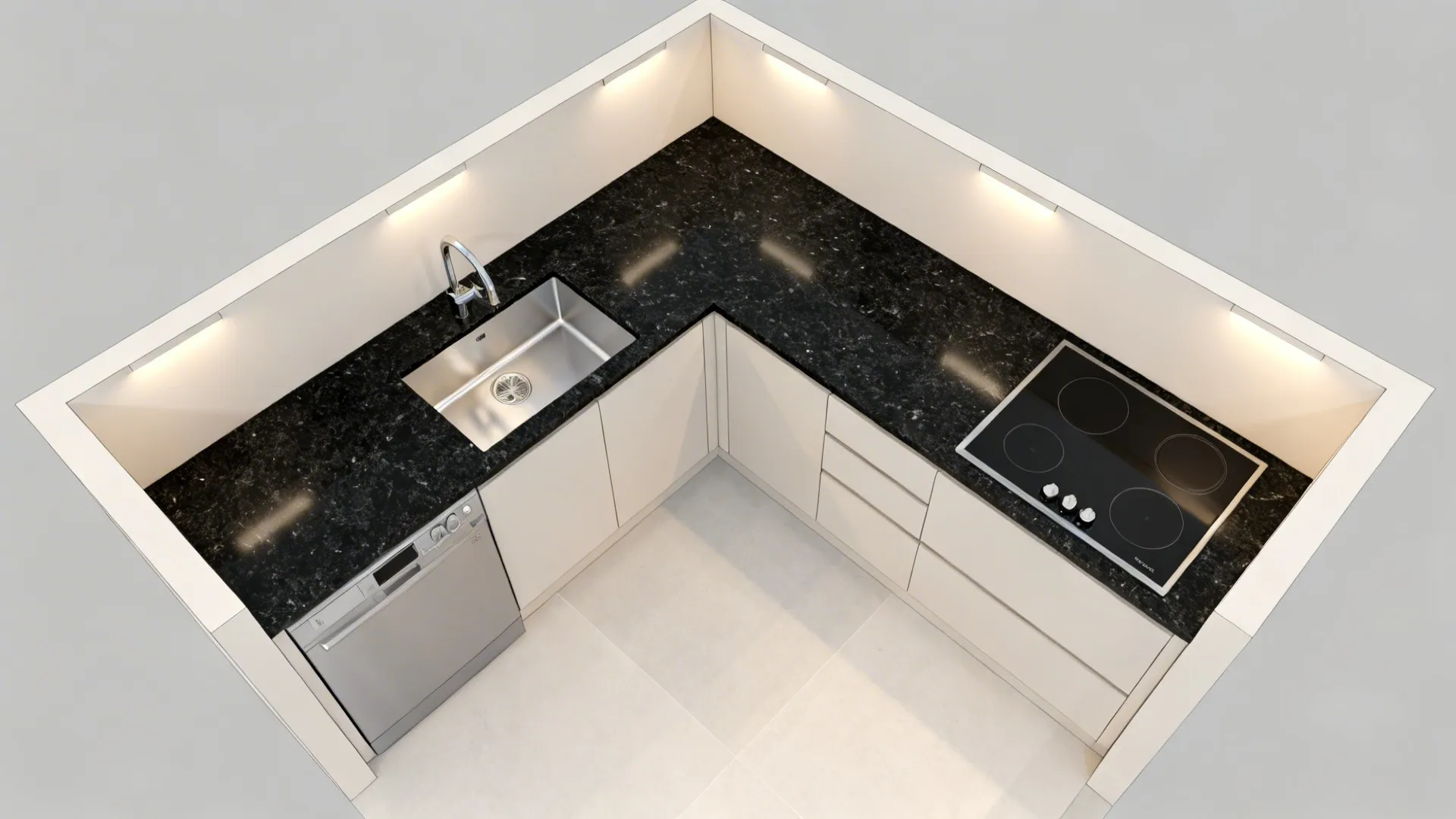 Top-down plan view of L-shaped small kitchen with black granite and defined landing zones