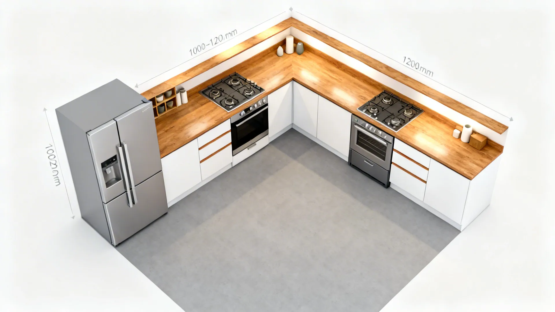 Top-down view of an L-shaped compact kitchen with clear aisle and corner appliance garage.