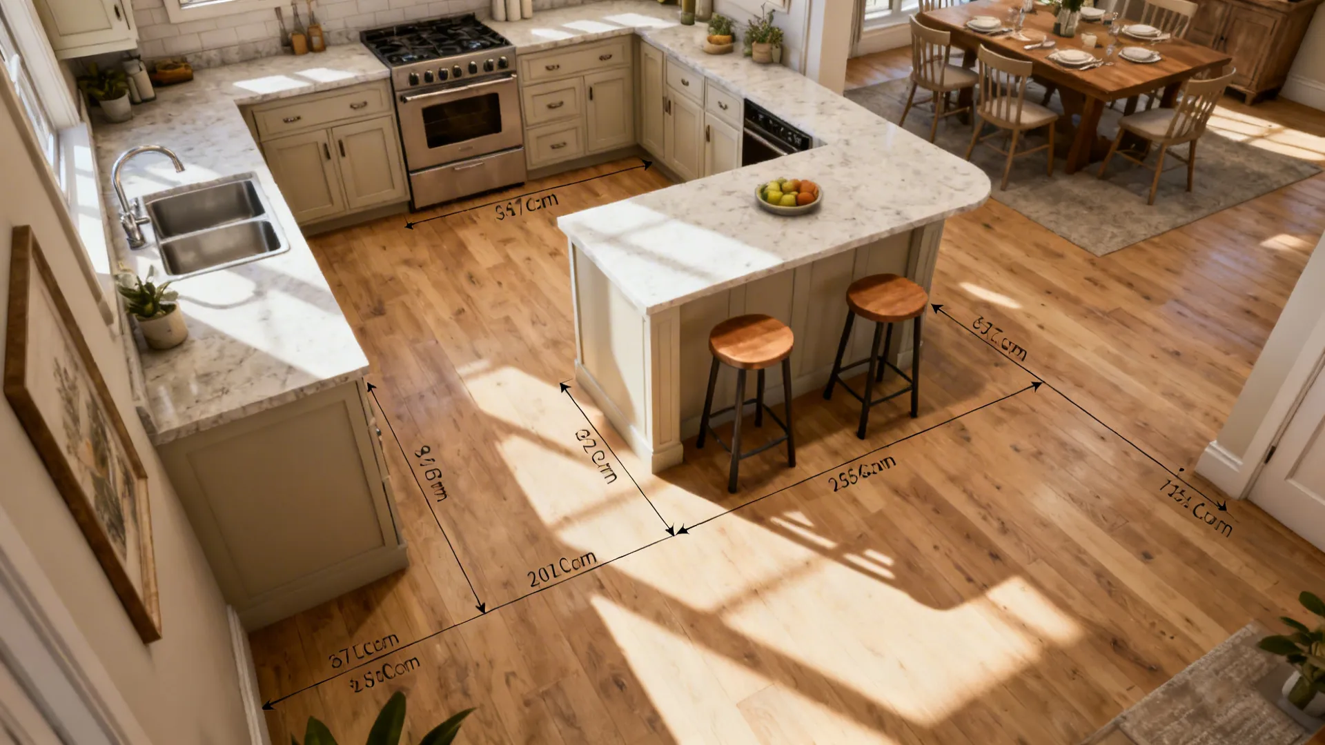 Top down view of a kitchen layout showing room dimensions and wooden floors with marble island