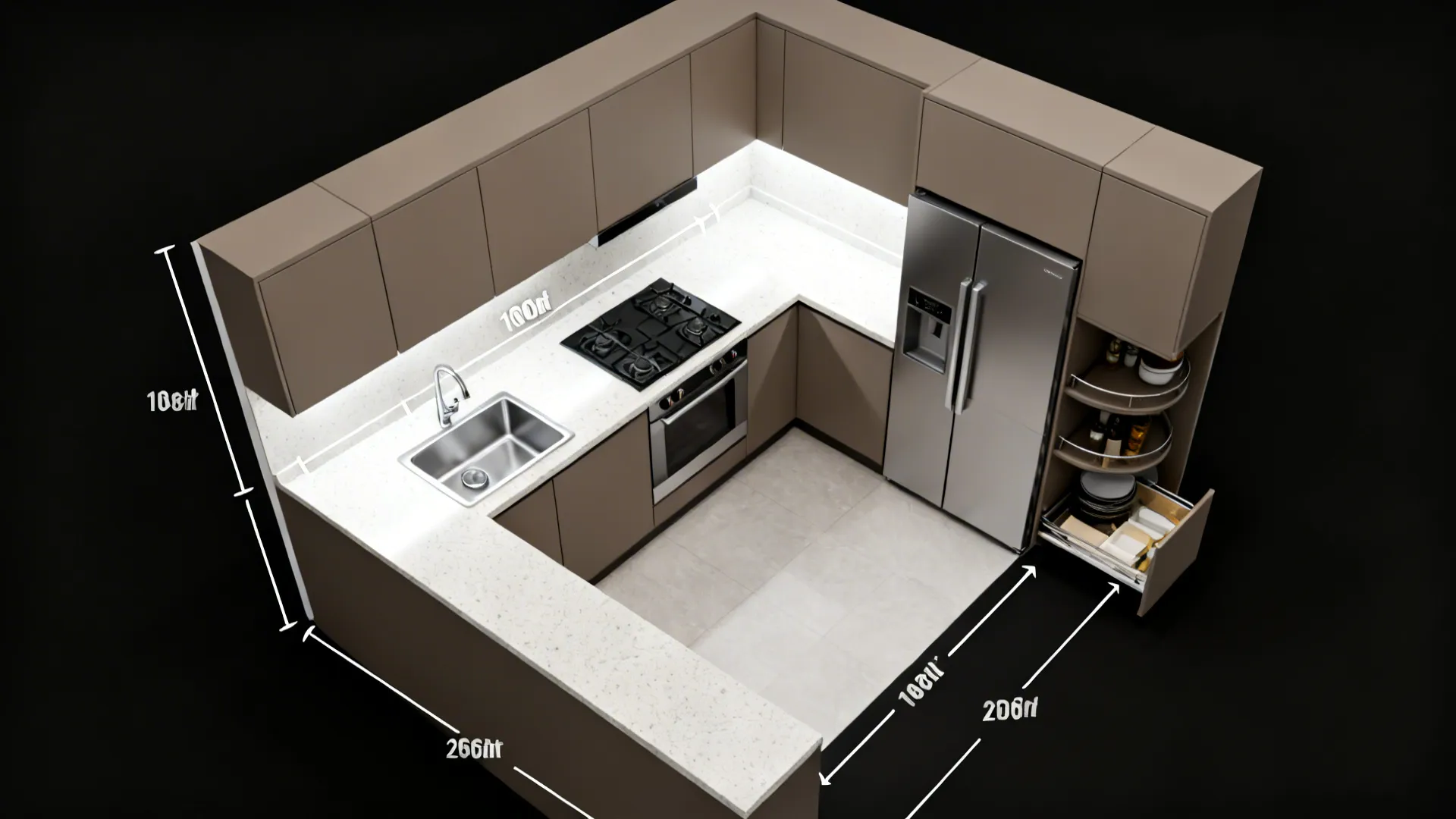 Top-down view of an L-shaped kitchen plan highlighting a practical work triangle and corner storage.
