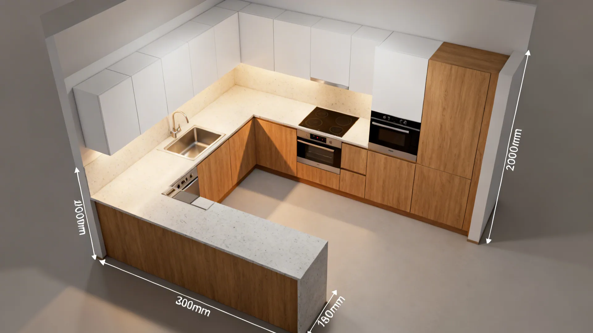 Top-down view of an L-shaped compact kitchen with continuous prep space and clear corner layout.