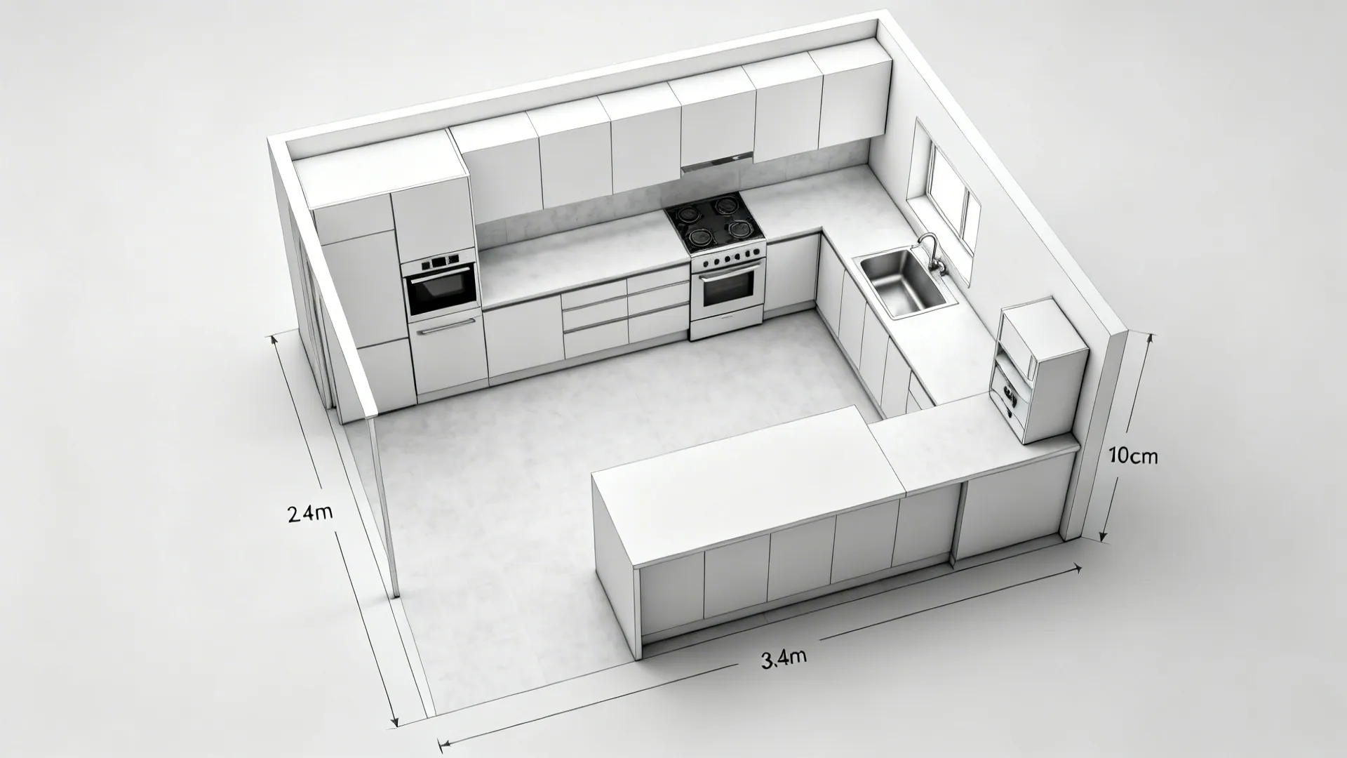 Interior design drawing of a white kitchen layout showing measurements for cabinets stove and kitchen sink