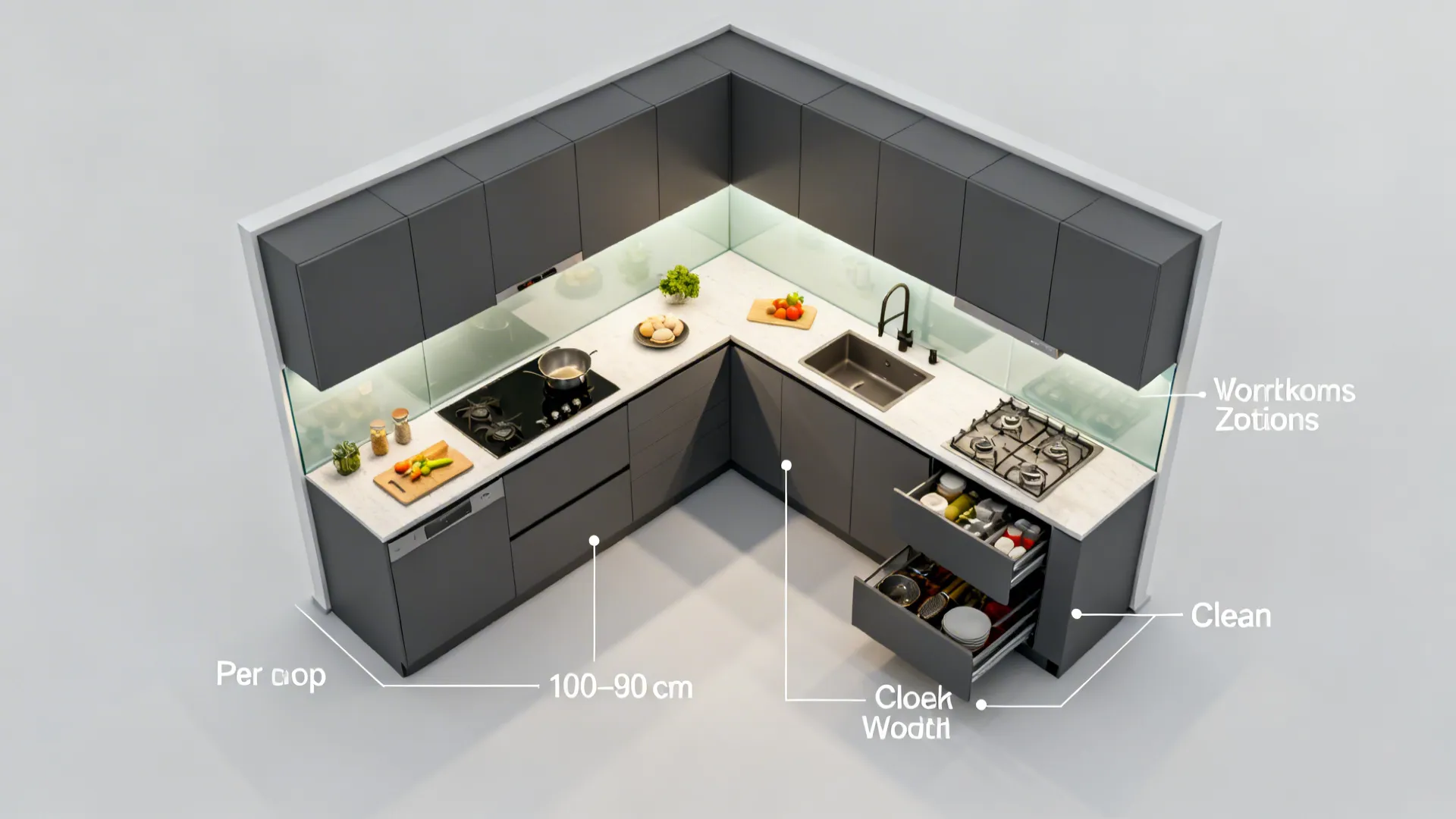Top-down view of an L-shaped small kitchen with zones and clearances marked.