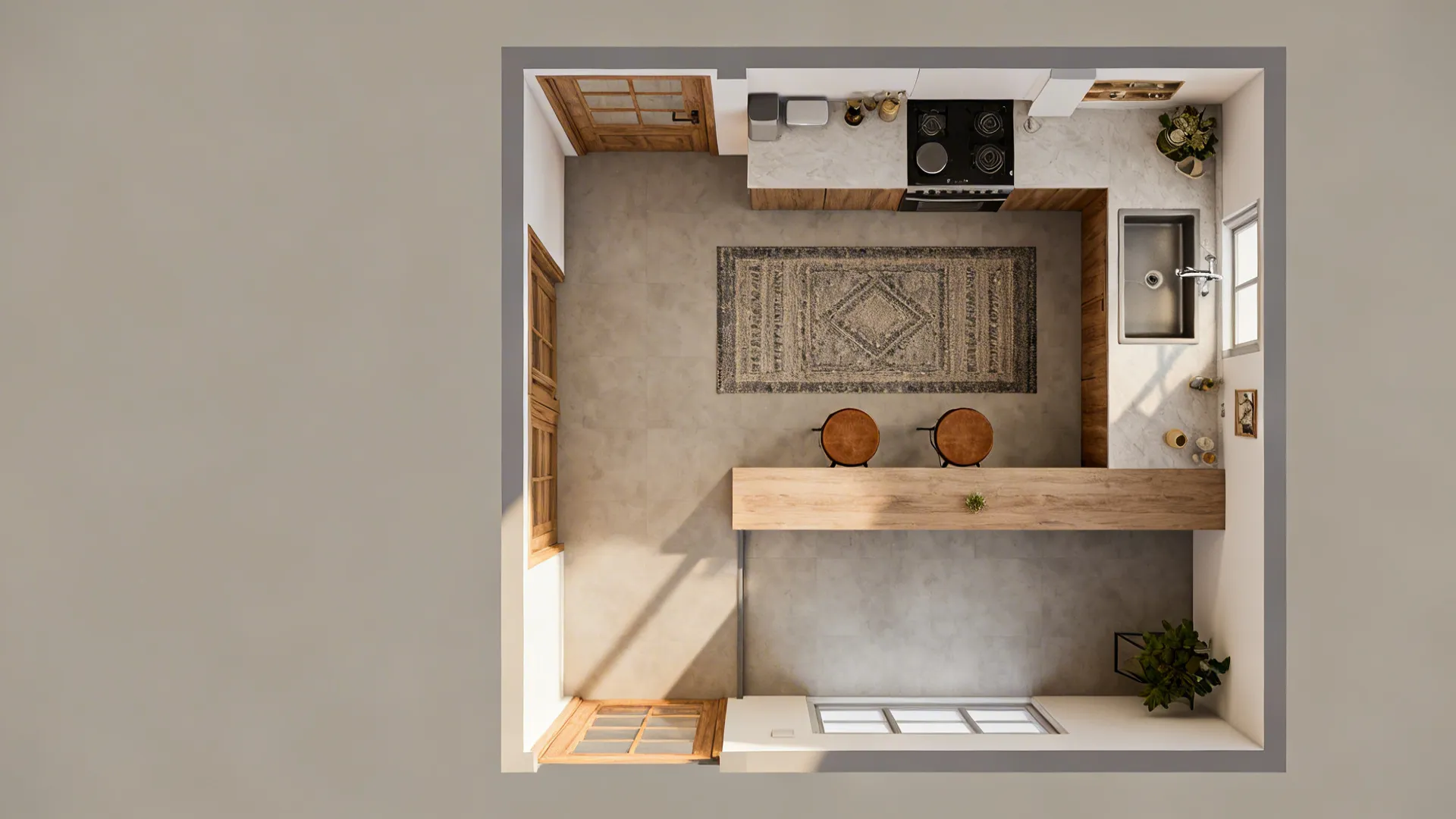 Top-down interior design drawing of a kitchen layout with wooden island, stools, sink, and rug