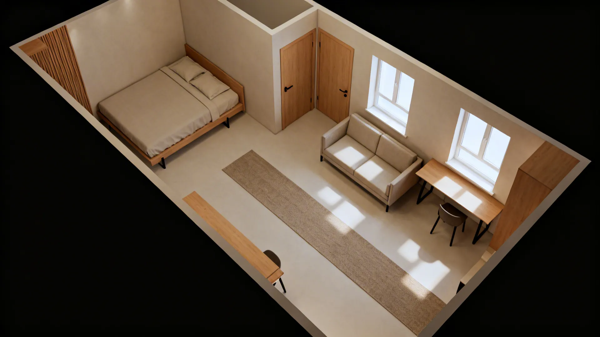 Top-down view of an L-shaped studio layout with clear central circulation.
