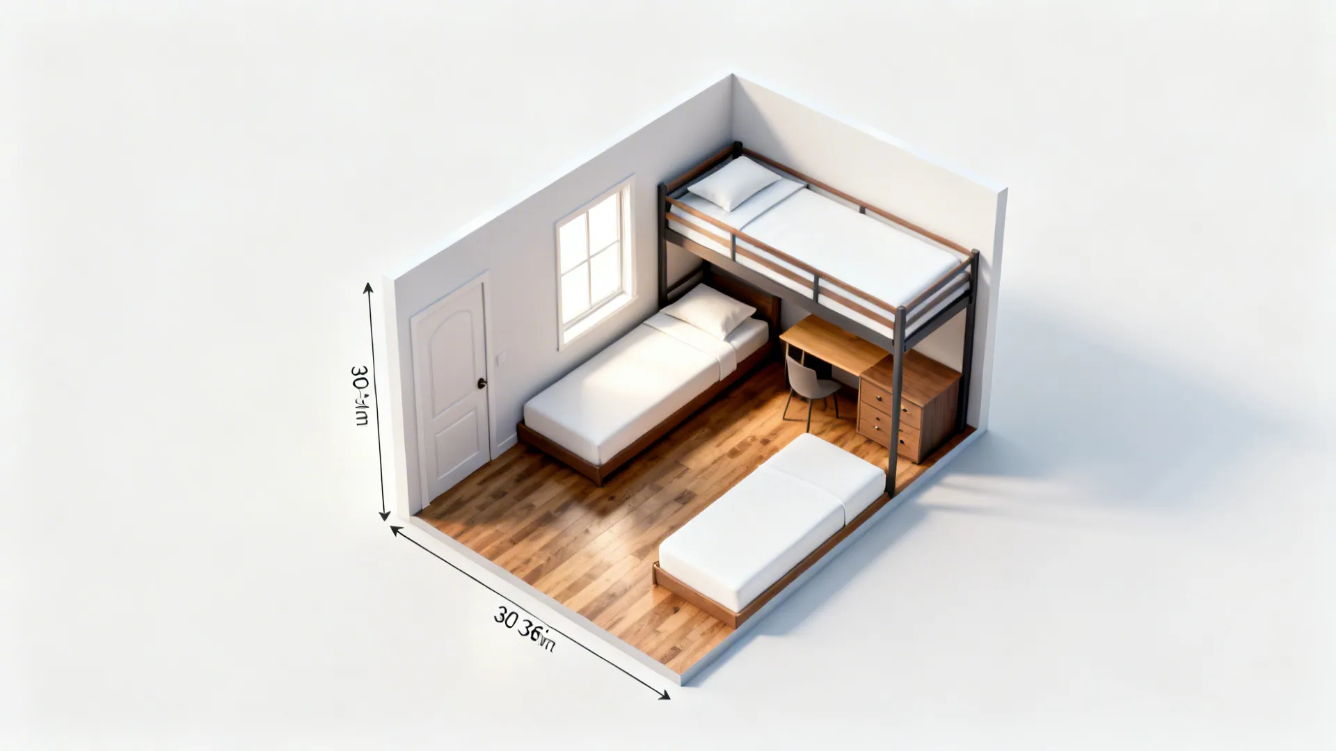 Top-down layout showing L-shaped bunk and loft with clear aisle and door/window clearance.