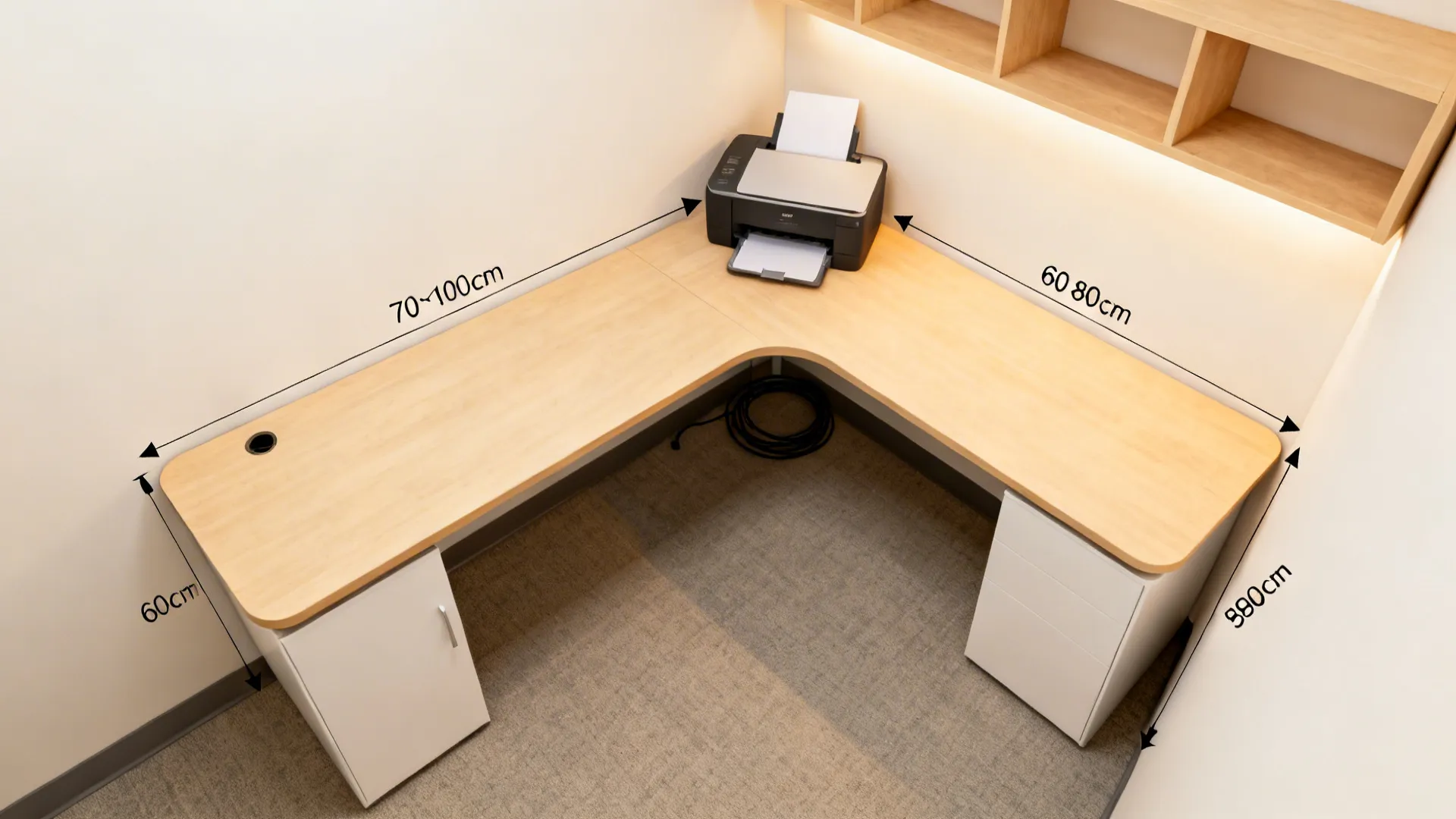 Top-down layout of a narrow L-shaped desk with clear circulation and corner cable grommet.