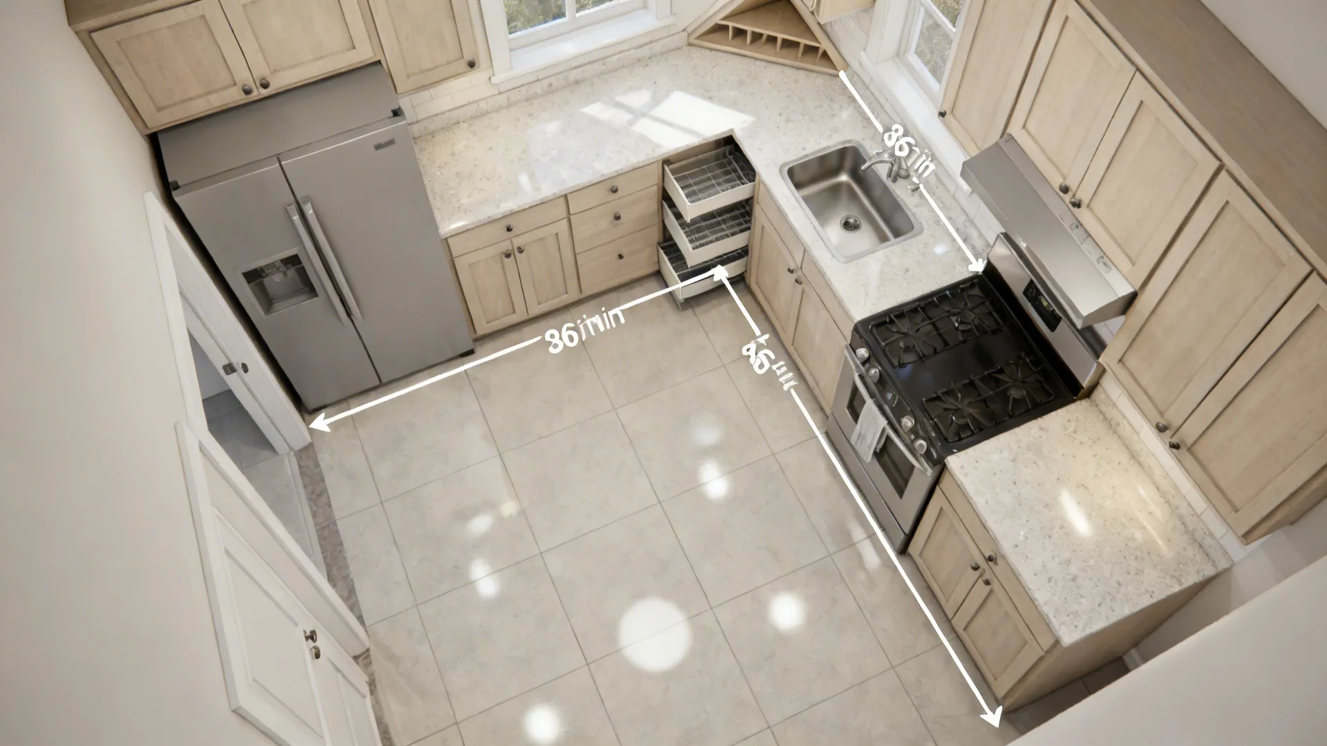 Top-down 8x8 L-shaped kitchen with clear work triangle and 36-inch prep zone
