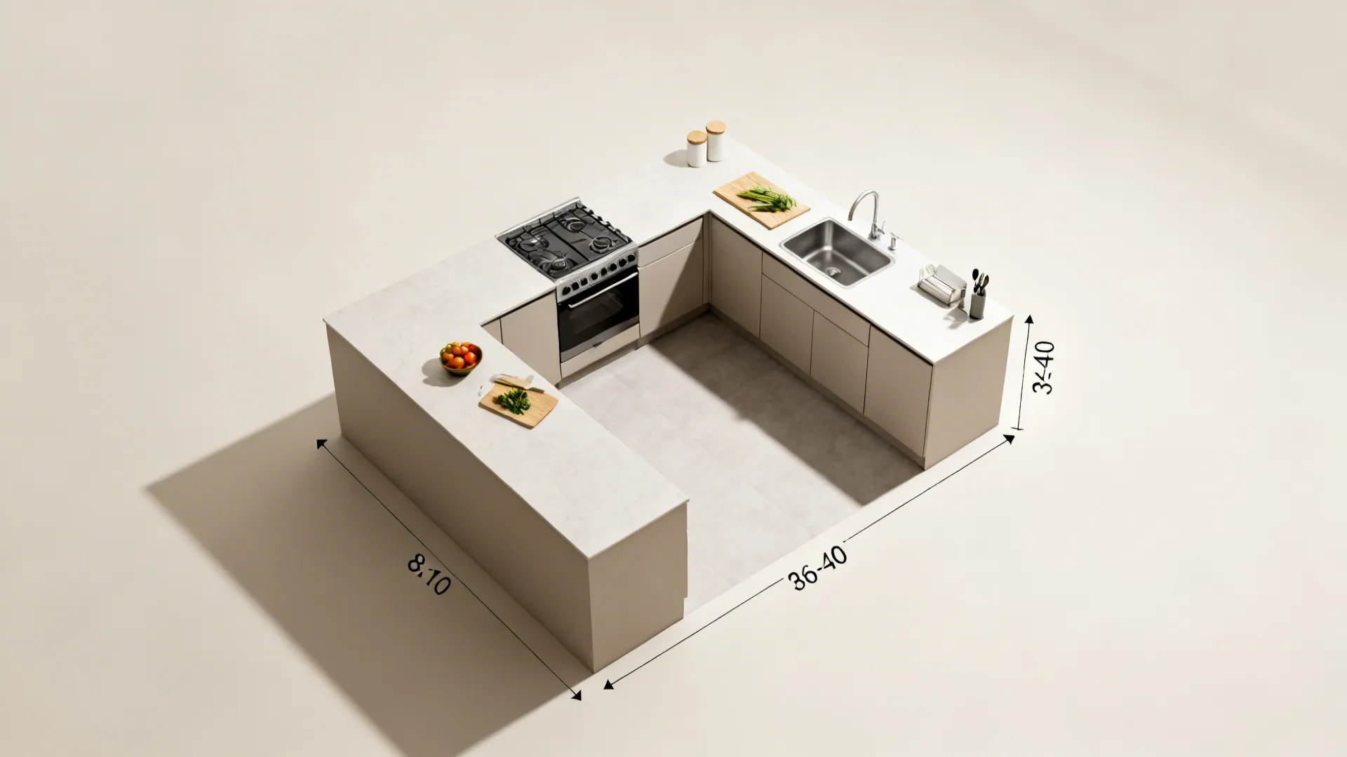 Top-down view of an 8x10 ft L-shaped kitchen with clear work zones and aisle.