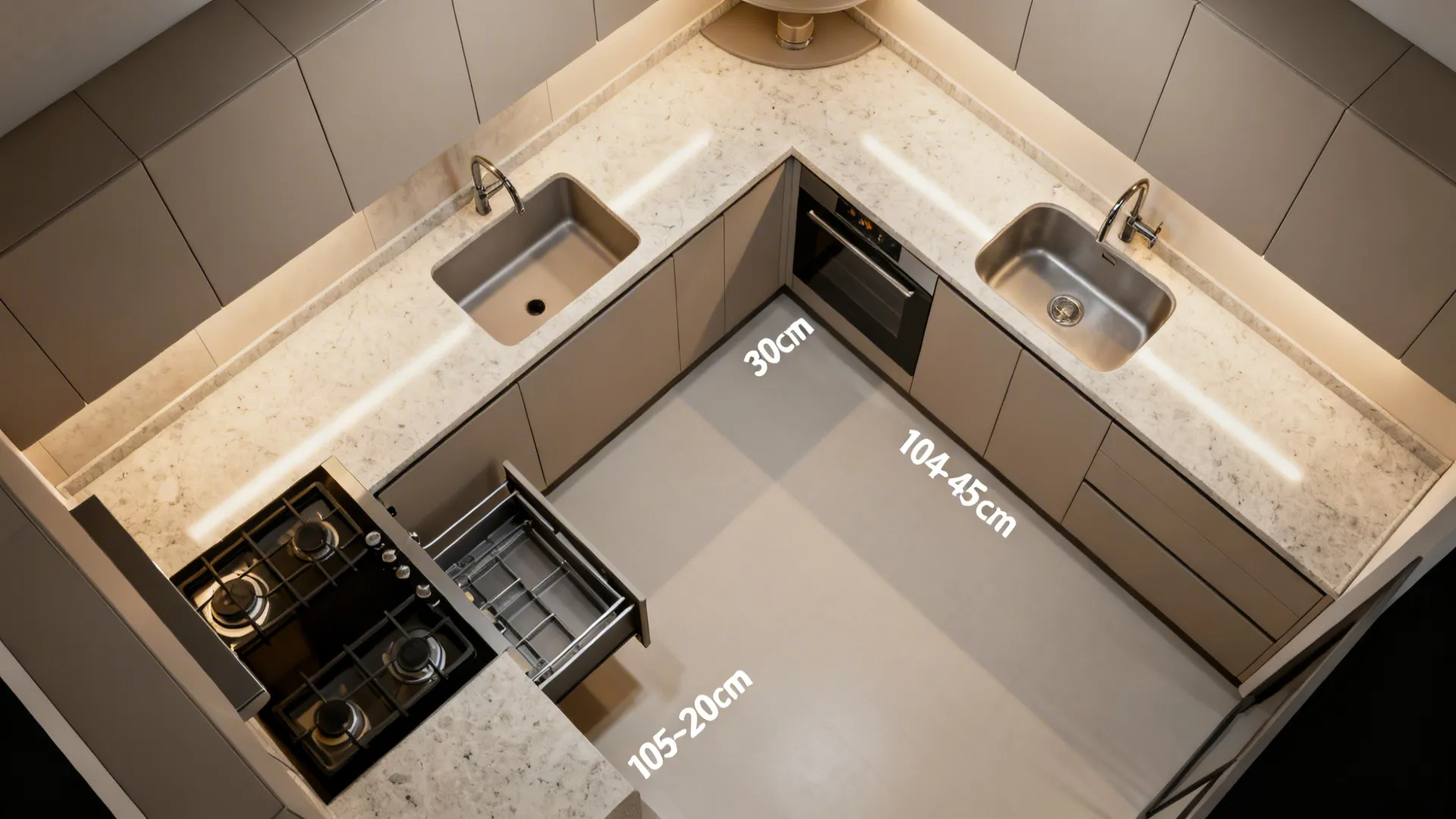 Top-down view of an efficient L-shaped small kitchen with clear work triangle and corner storage.