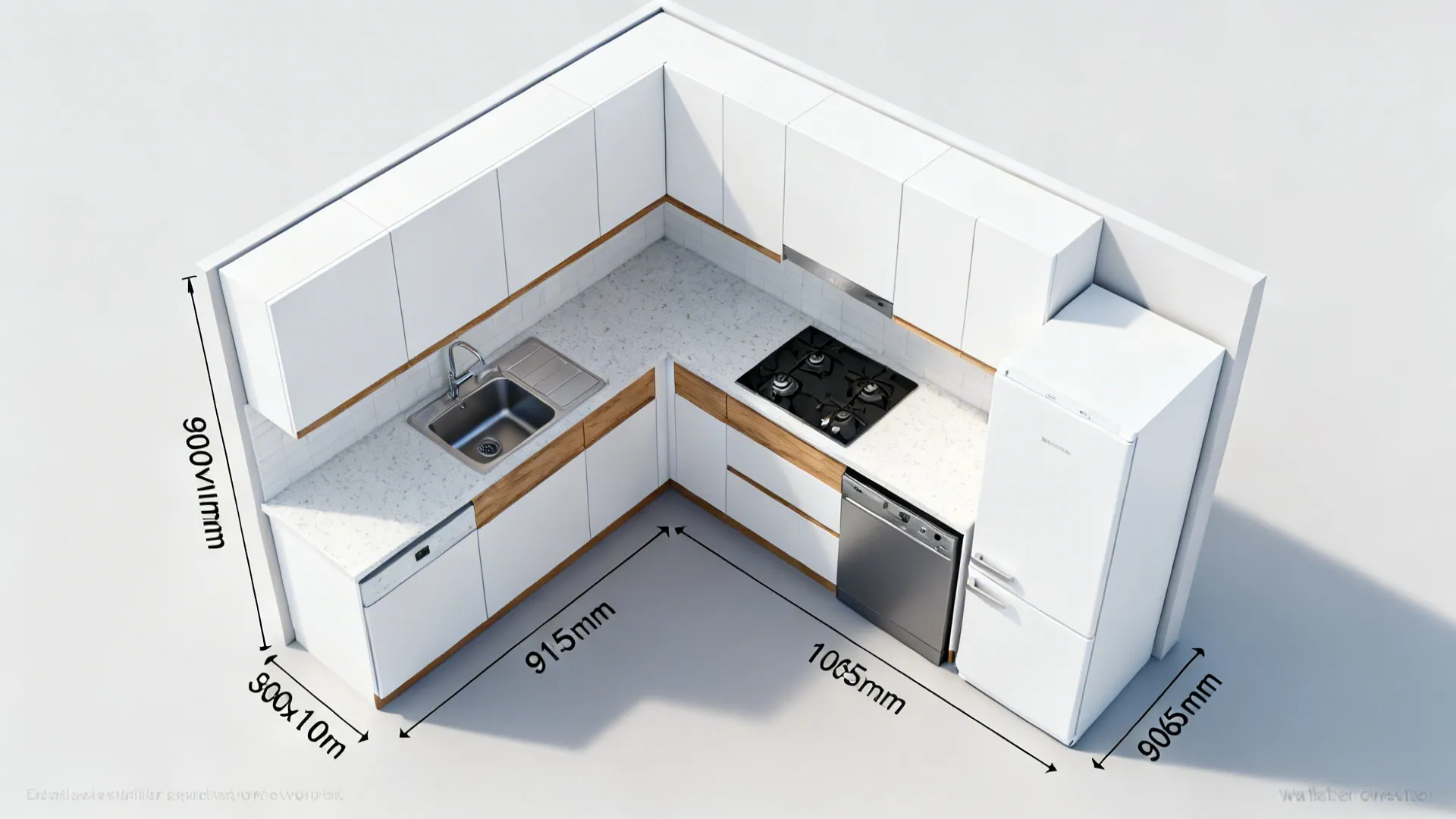 Top-down view of a compact L-shaped kitchen with clearances and corner optimization.
