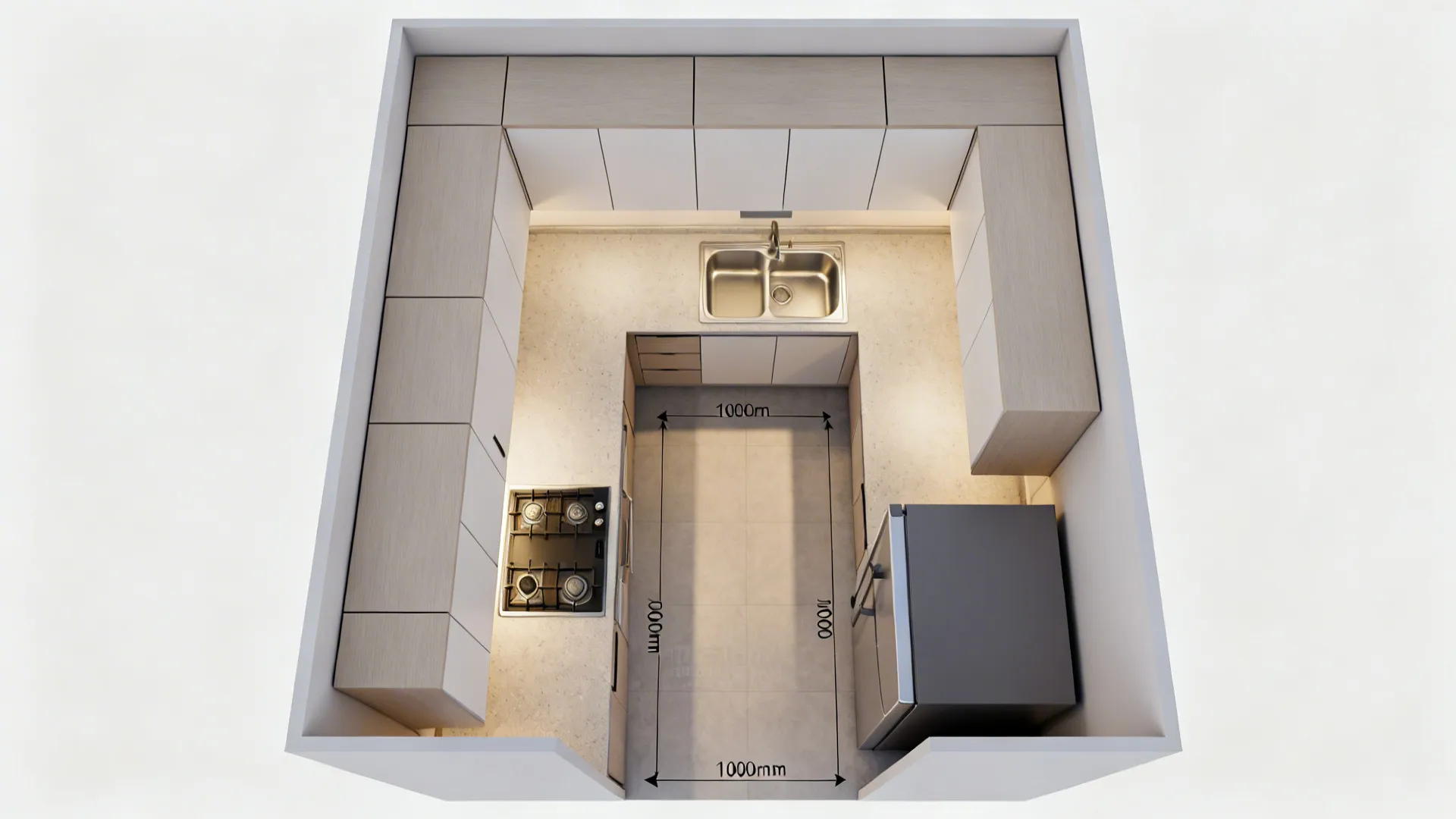 Top-down view of an L-shaped compact kitchen with continuous loft along two walls.