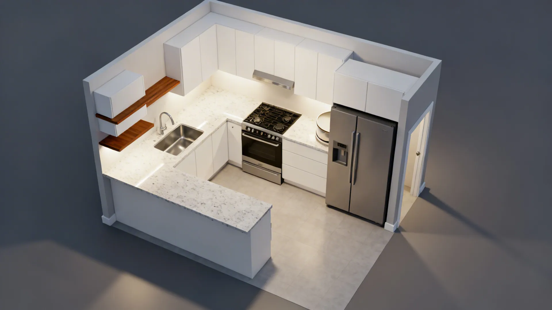 Top-down view of an L-shaped 5 x 8 kitchen with clear aisle and corner storage.
