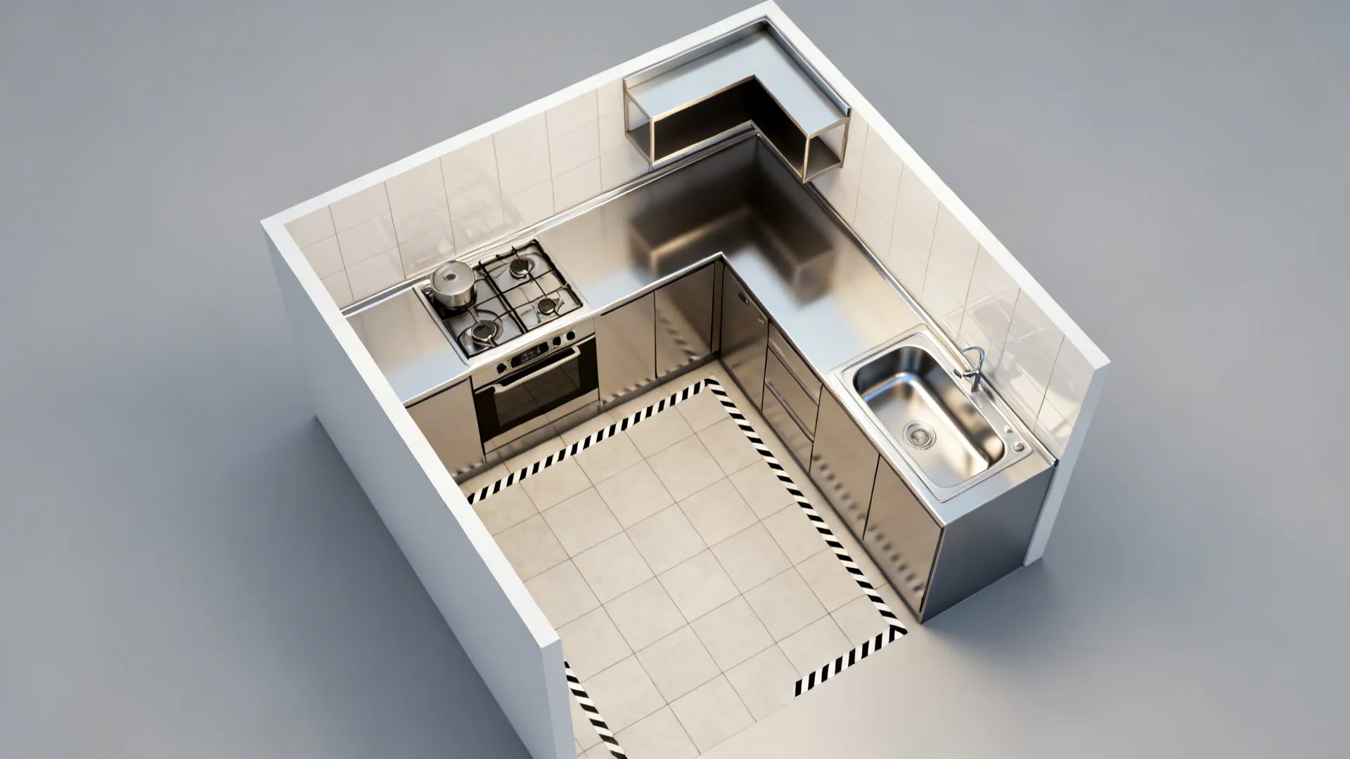 Top-down view of an L-shaped compact kitchen with clear aisle markings and zone labels.
