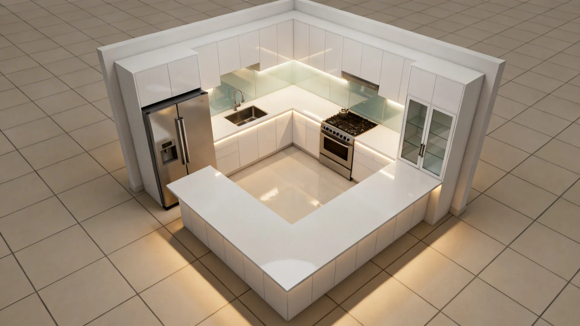 Top-down view of a compact L-shaped kitchen showing continuous counters and work triangle.