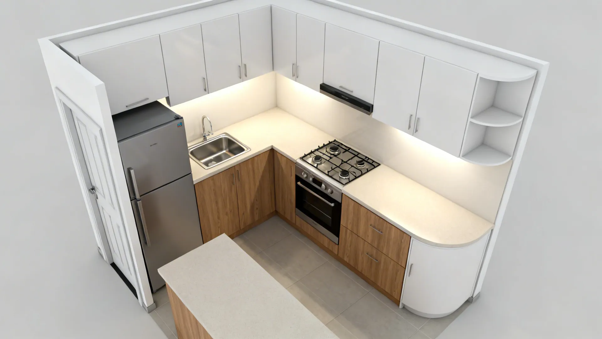 Top-down view of an L-shaped compact kitchen with optimized work triangle and clear aisle.