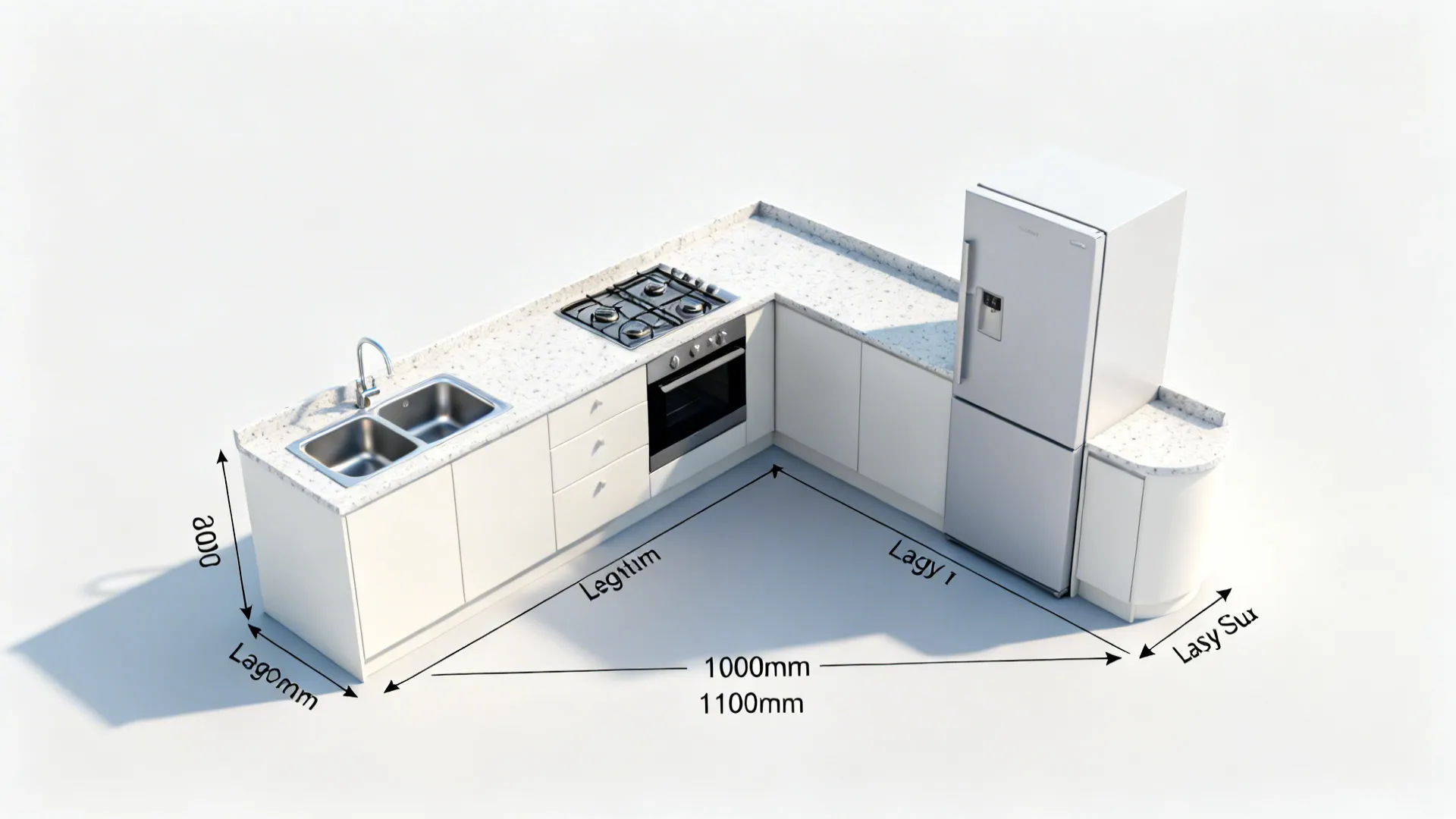 Top-down view of an L-shaped small kitchen with clearances and work triangle indicated.