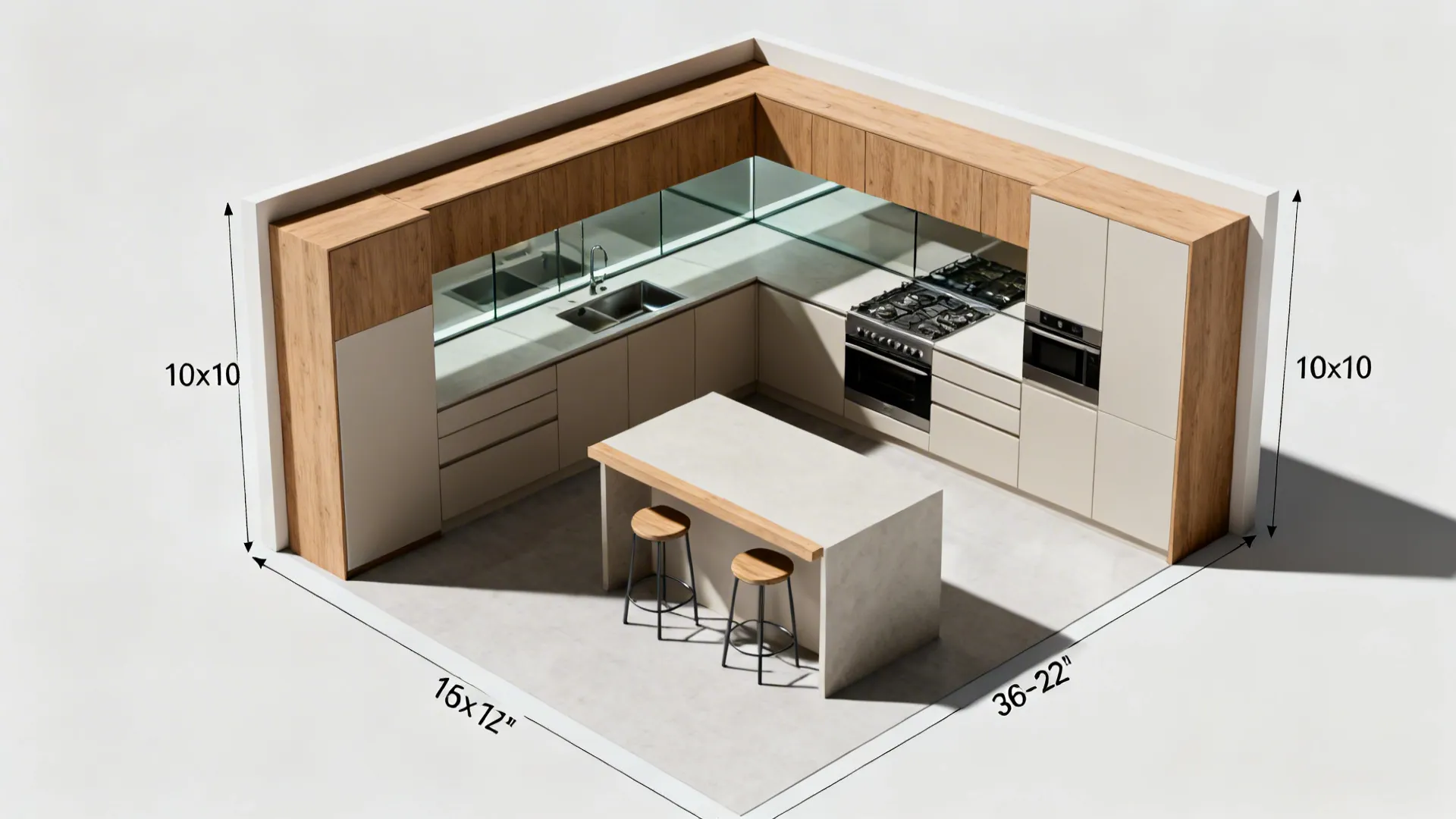 Top-down view of L-shaped kitchen with a narrow island and generous aisles.