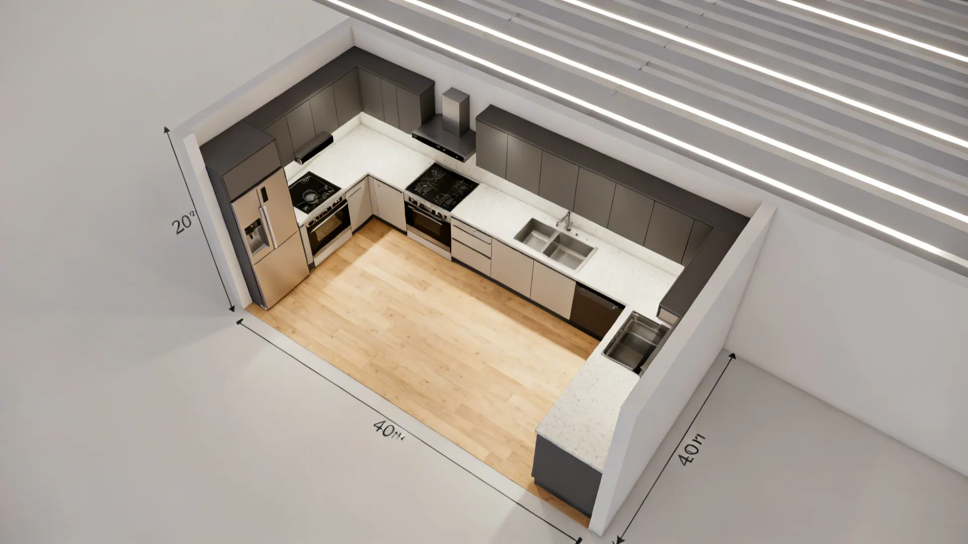 Top-down view of an L-shaped small kitchen with aligned plus-minus ceiling bands and clear aisle space.