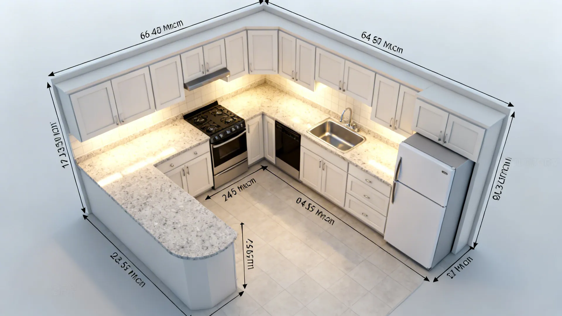 Top-down view of an L-shaped small kitchen layout with corner storage and clear work zones.