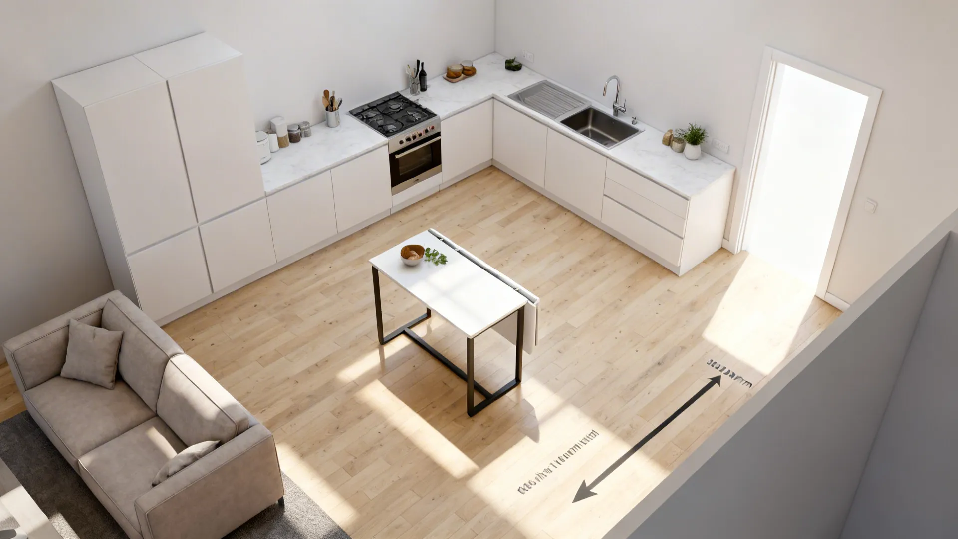 Compact L-shaped layout with a movable prep table