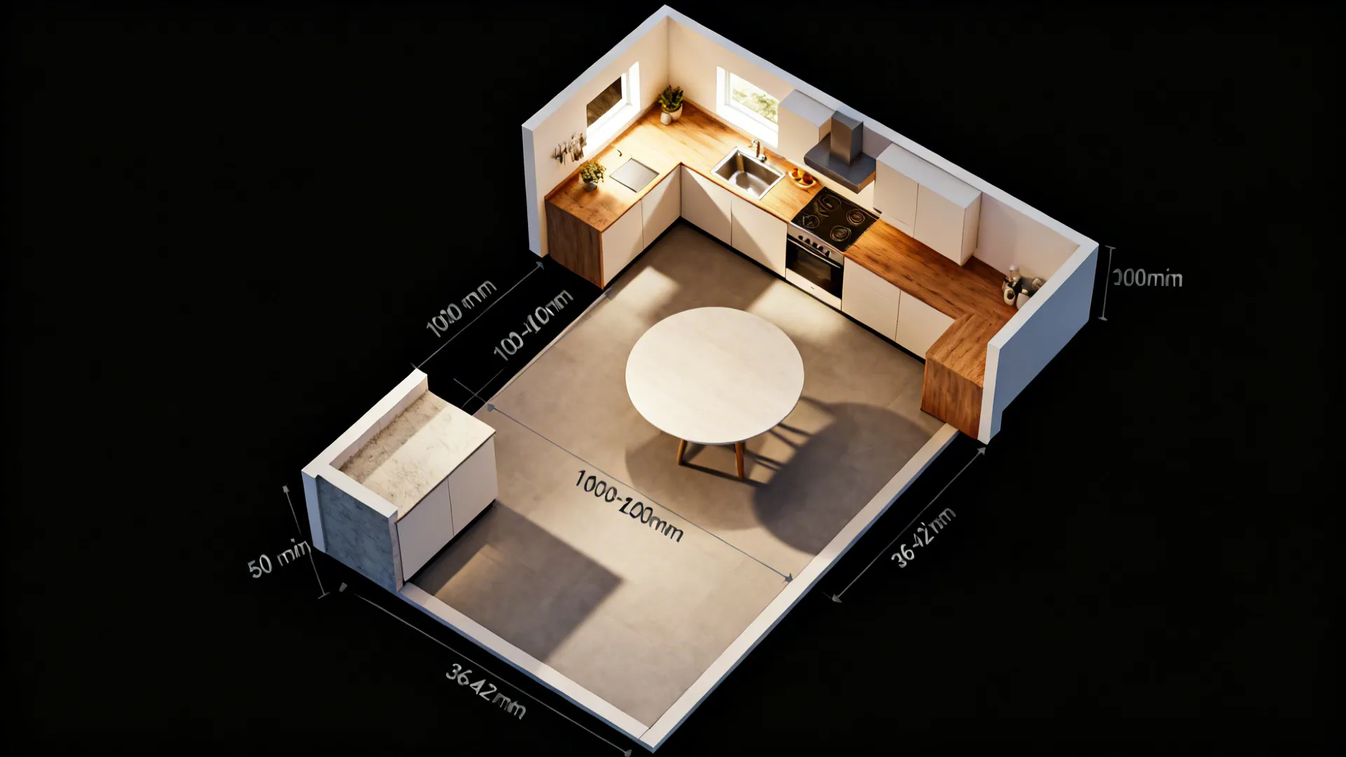 Top-down view of L-shaped kitchen with rotated round dining table and clearances.