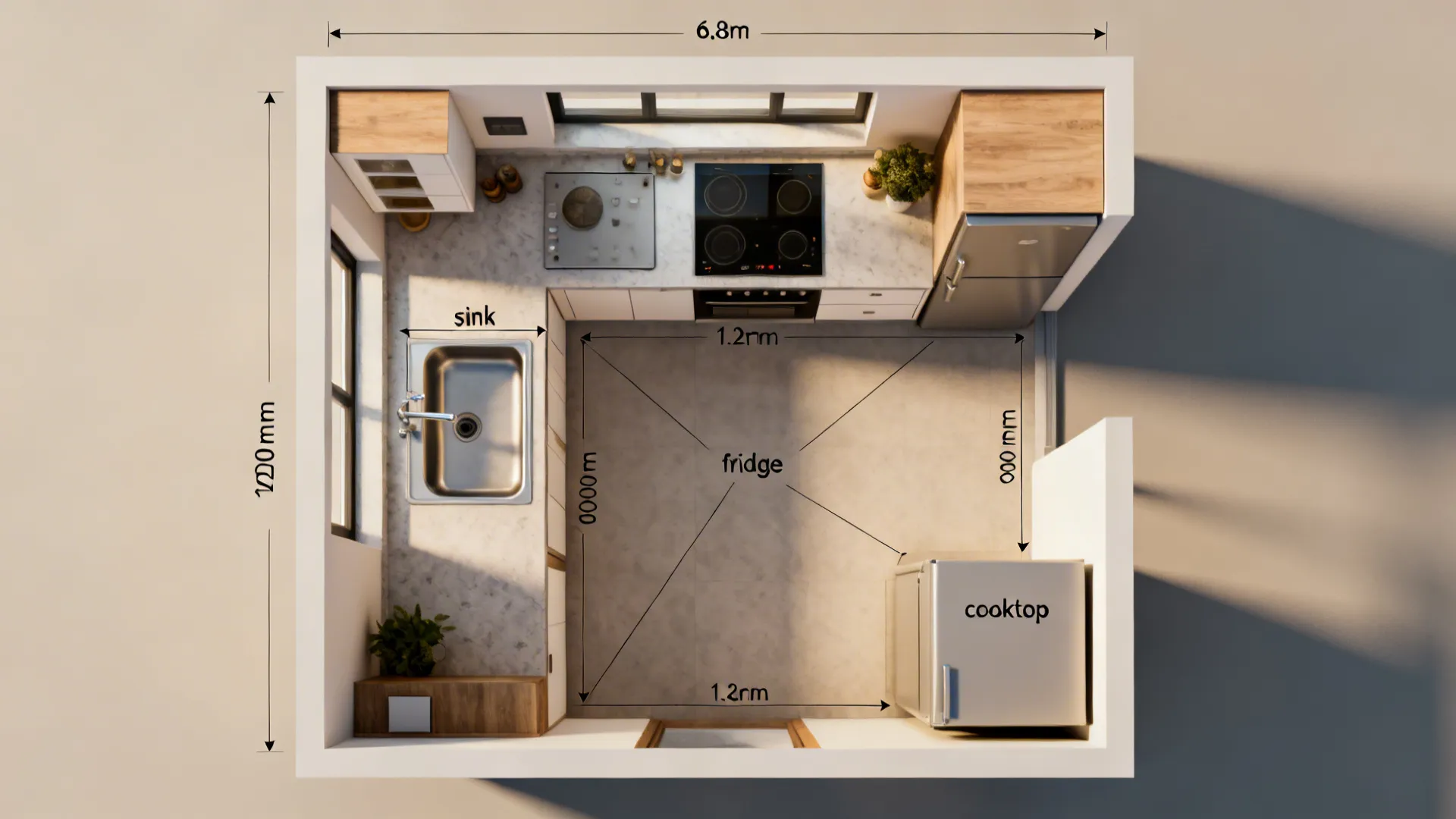 Top down interior design drawing of a small kitchen layout with measurements sink stove and fridge