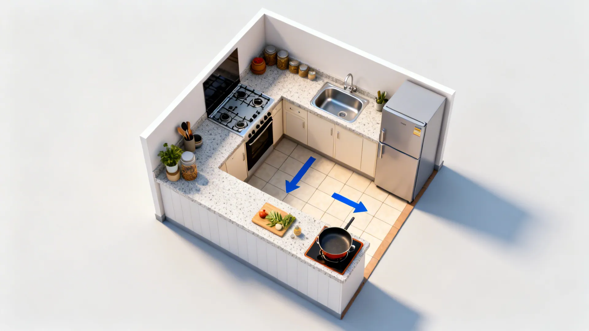 Top-down view of an L-shaped compact Indian kitchen emphasizing a clear prep zone.