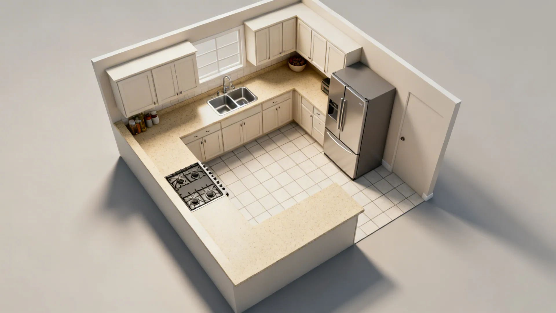 Top-down view of an L-shaped kitchen plan showing the work triangle and landing zones.
