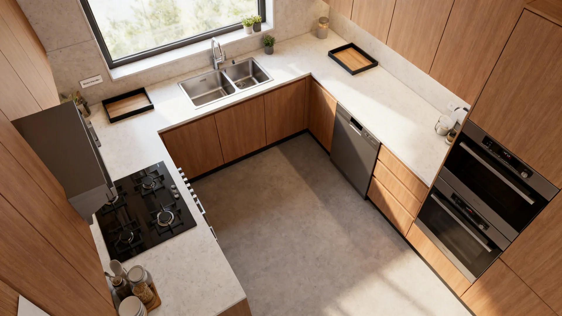 Top-down view of an L-shaped compact kitchen with clear prep, cook, and clean zones.
