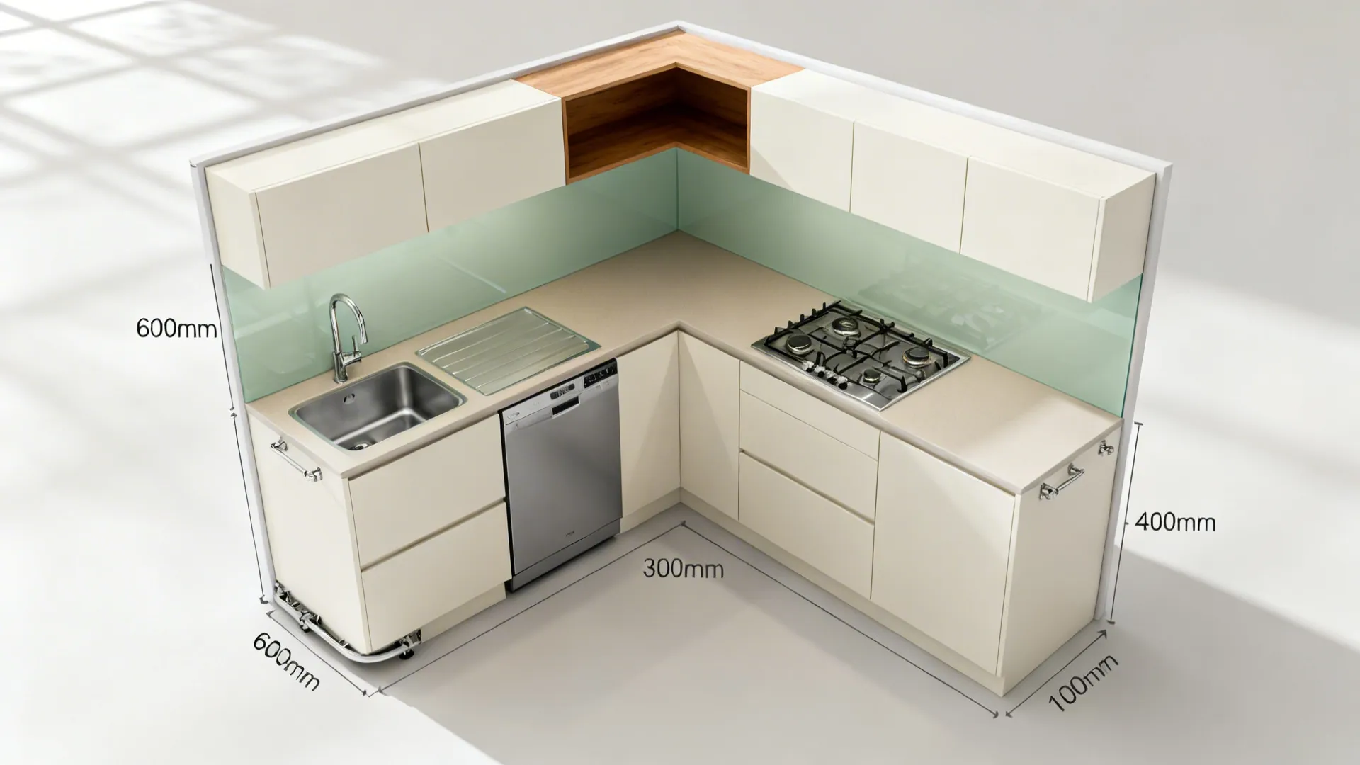 Interior design drawing of an L-shaped kitchen layout with cabinets sink stove and measurement labels